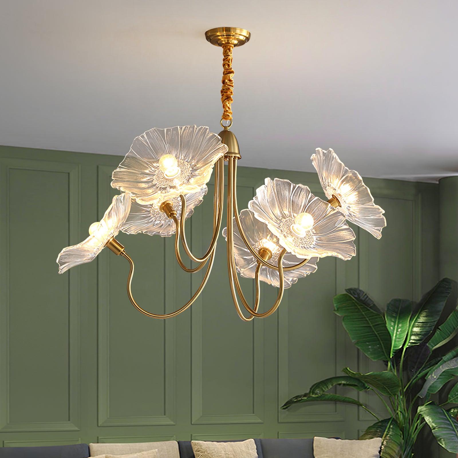 Leaf-Shaped Frosted Glass Chandelier 35.4 in x 21.7 in Gold Indoor Ceiling Lighting Dining Room Living Room | Thomler
