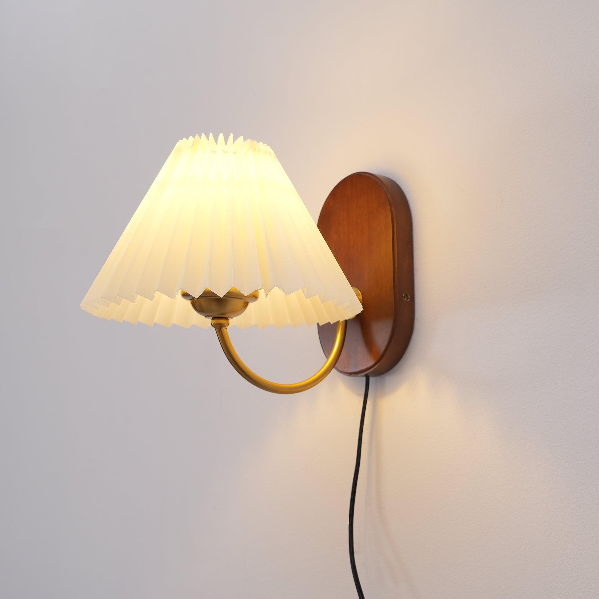 Wall Lamp Metal And Walnut 12.2 in White Fabric Shade Plug In Living Room Bedroom Lighting Accent | Thomler