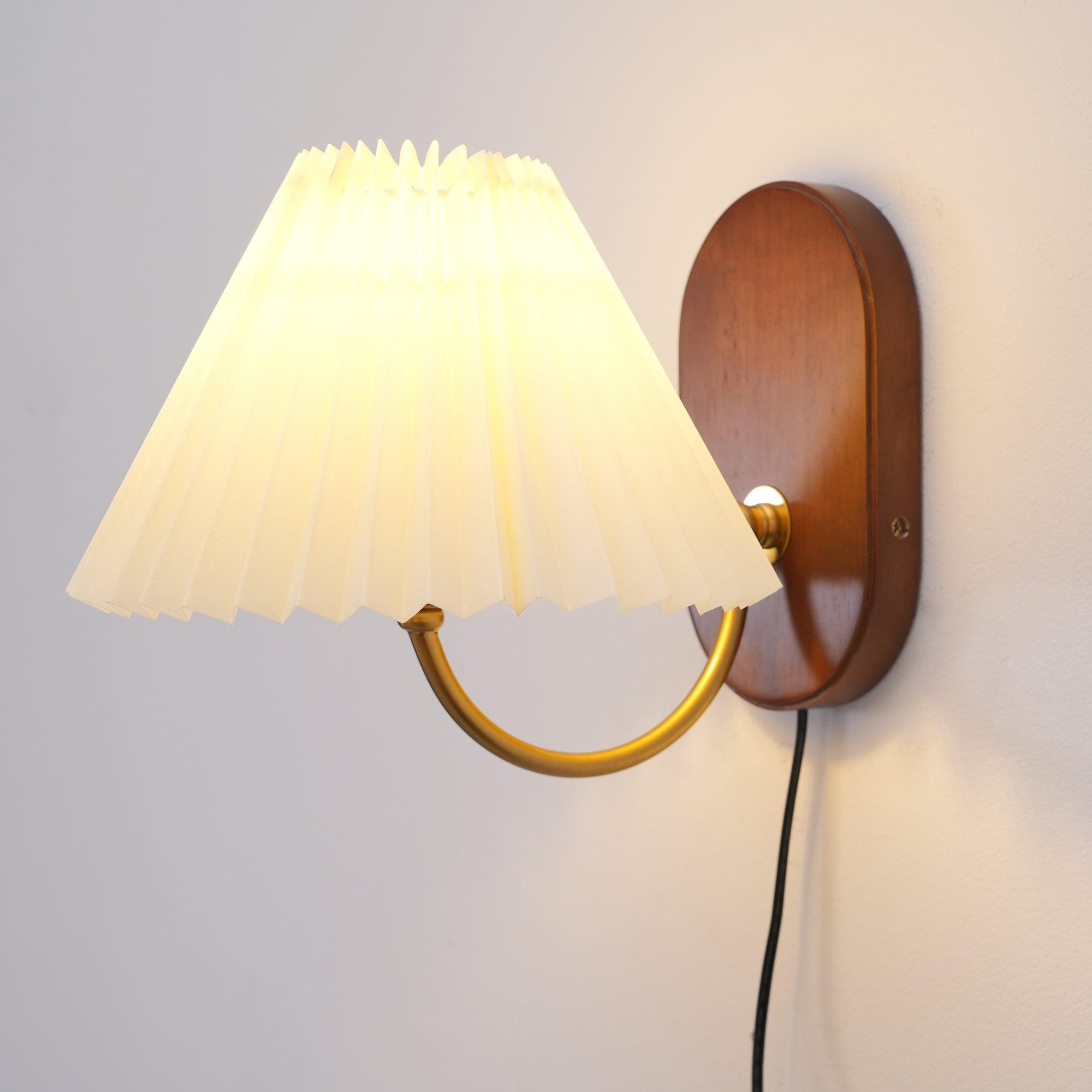 Wall Lamp Metal And Walnut 12.2 in White Fabric Shade Plug In Living Room Bedroom Lighting Accent | Thomler