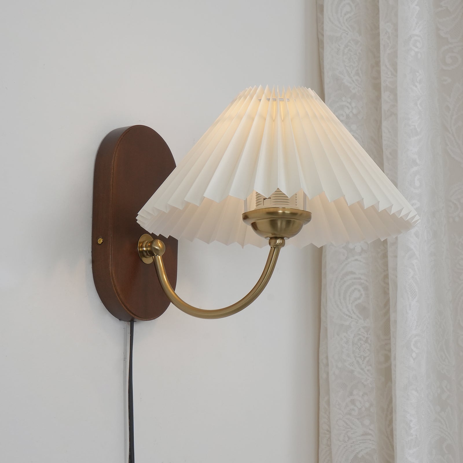 Wall Lamp Metal And Walnut 12.2 in White Fabric Shade Plug In Living Room Bedroom Lighting Accent | Thomler
