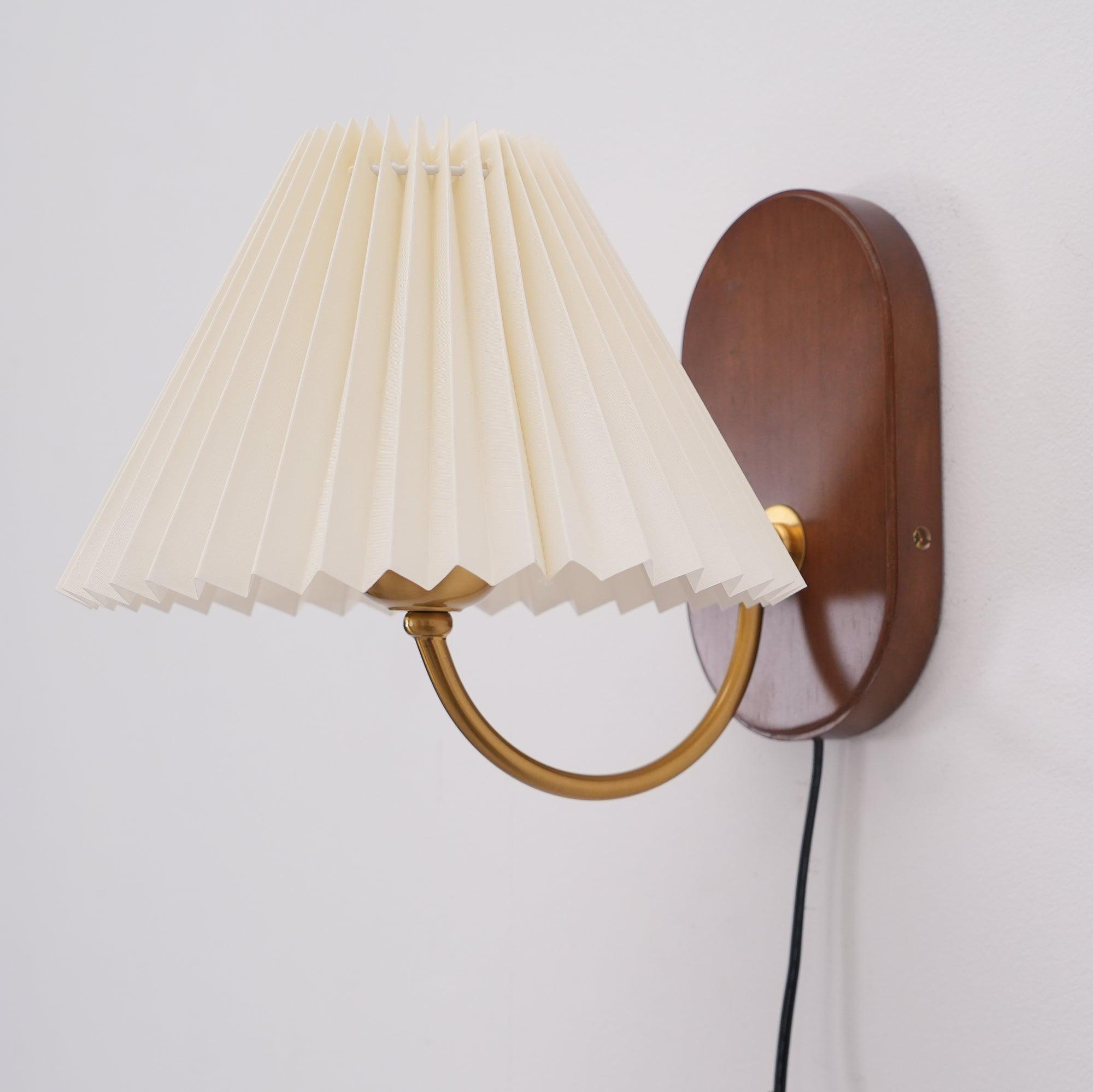 Wall Lamp Metal And Walnut 12.2 in White Fabric Shade Plug In Living Room Bedroom Lighting Accent | Thomler
