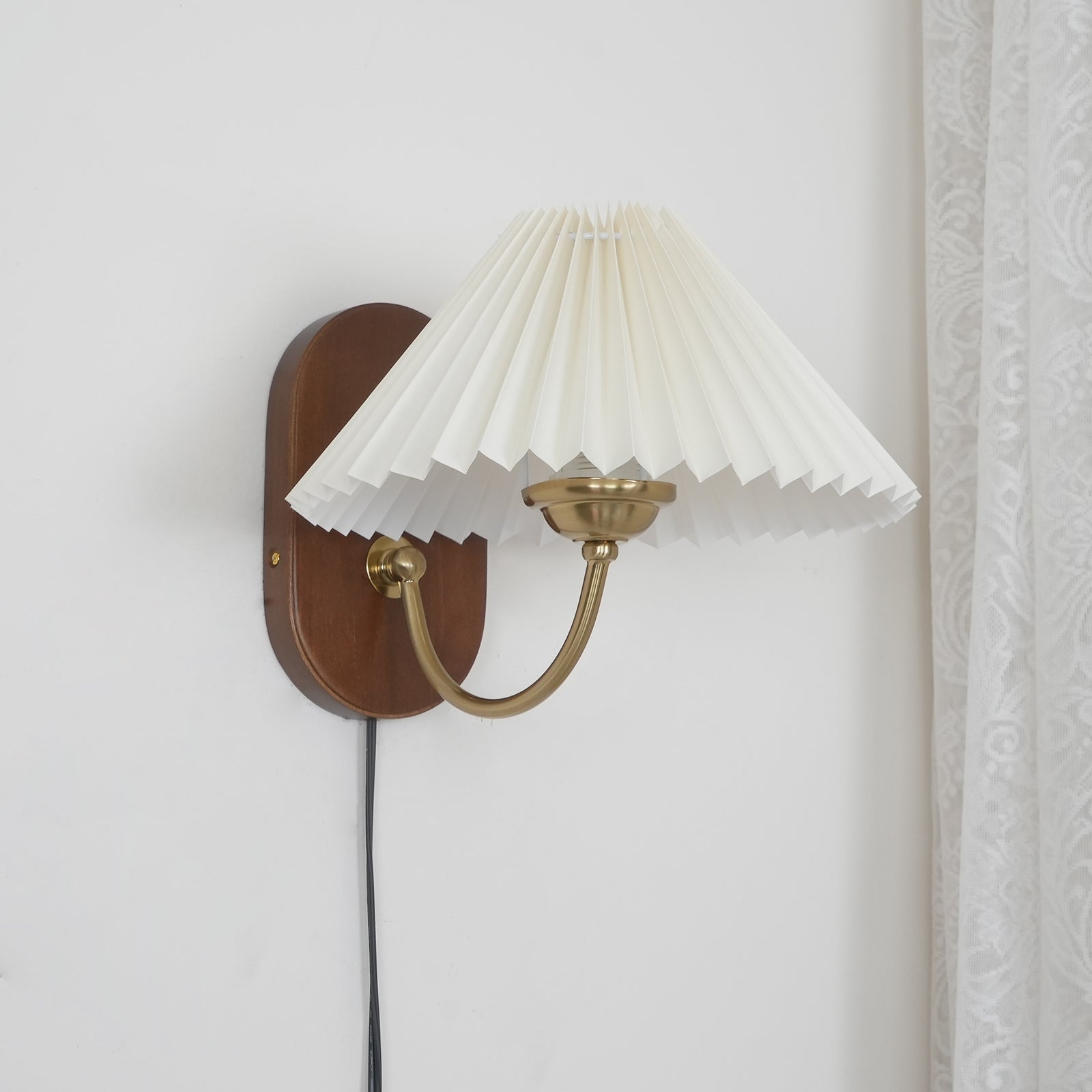 Wall Lamp Metal And Walnut 12.2 in White Fabric Shade Plug In Living Room Bedroom Lighting Accent | Thomler