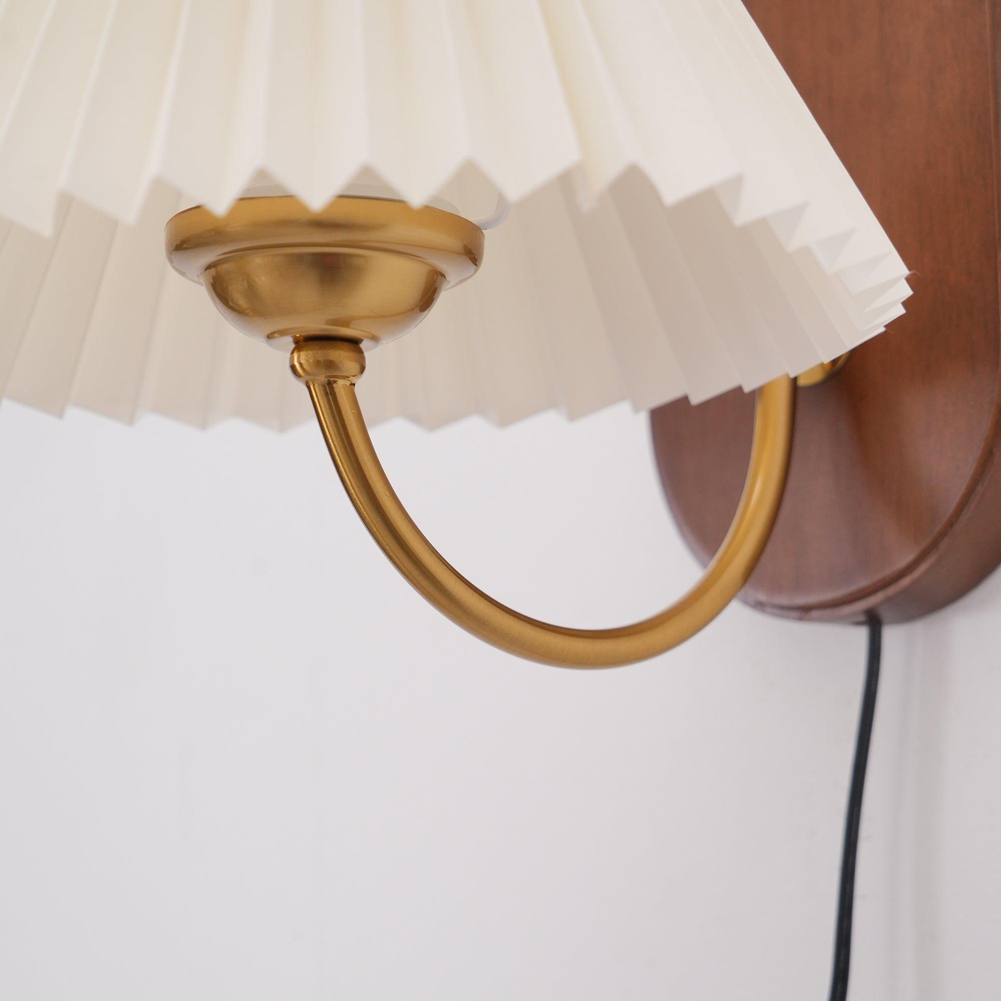 Wall Lamp Metal And Walnut 12.2 in White Fabric Shade Plug In Living Room Bedroom Lighting Accent | Thomler