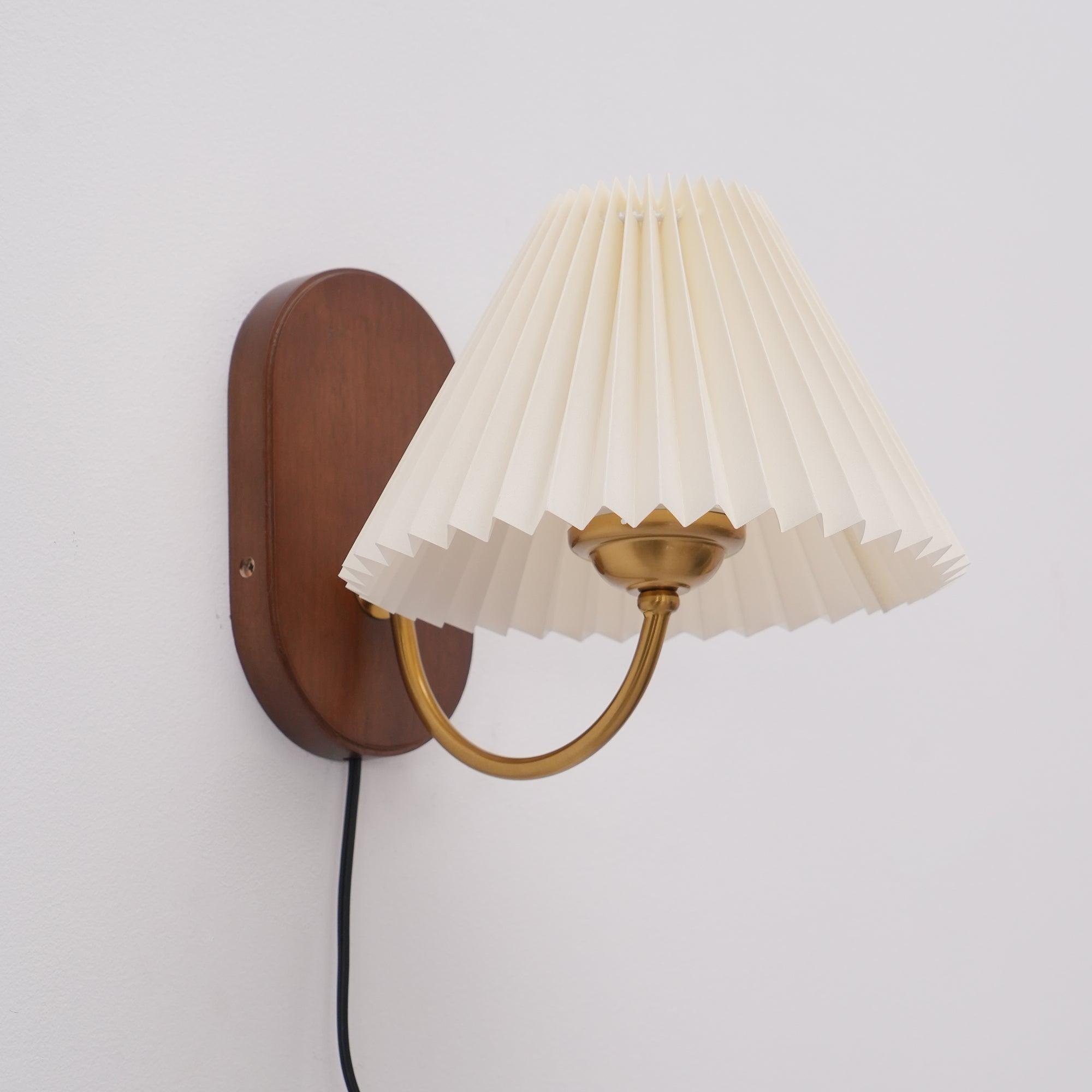 Wall Lamp Metal And Walnut 12.2 in White Fabric Shade Plug In Living Room Bedroom Lighting Accent | Thomler