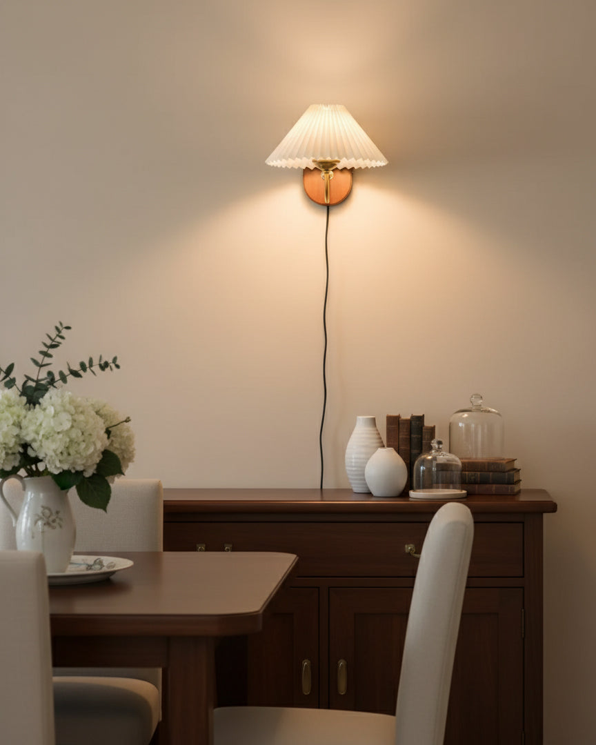 Wall Lamp Metal And Walnut 12.2 in White Fabric Shade Plug In Living Room Bedroom Lighting Accent | Thomler