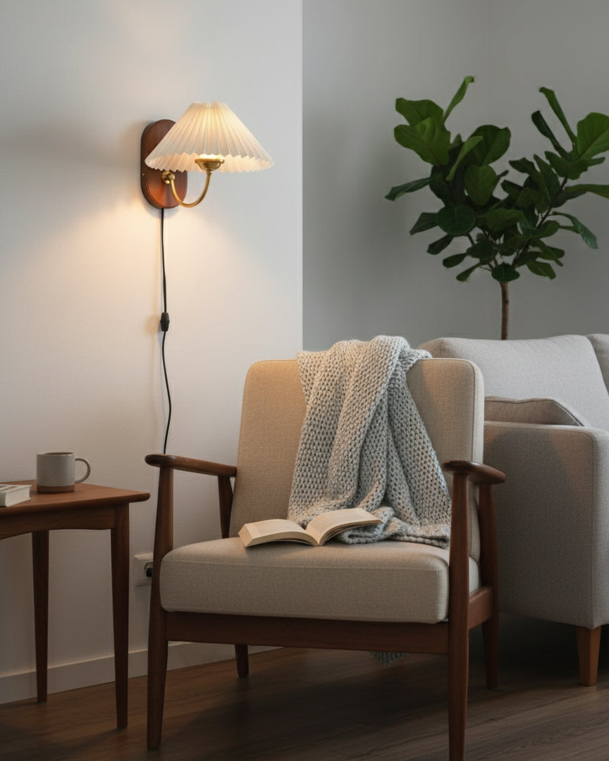 Wall Lamp Metal And Walnut 12.2 in White Fabric Shade Plug In Living Room Bedroom Lighting Accent | Thomler