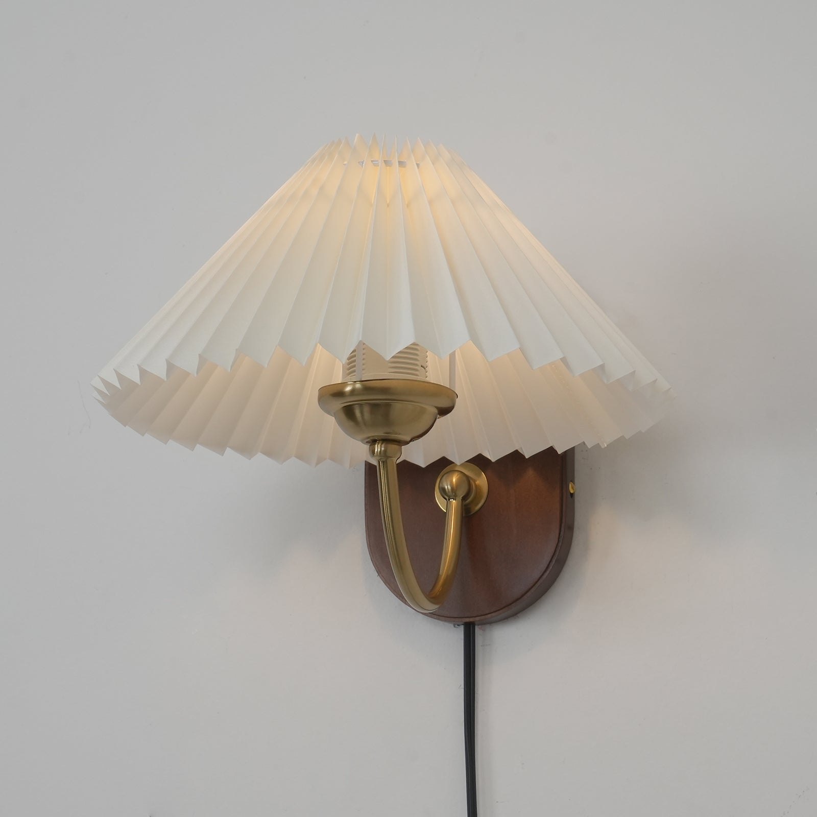 Wall Lamp Metal And Walnut 12.2 in White Fabric Shade Plug In Living Room Bedroom Lighting Accent | Thomler