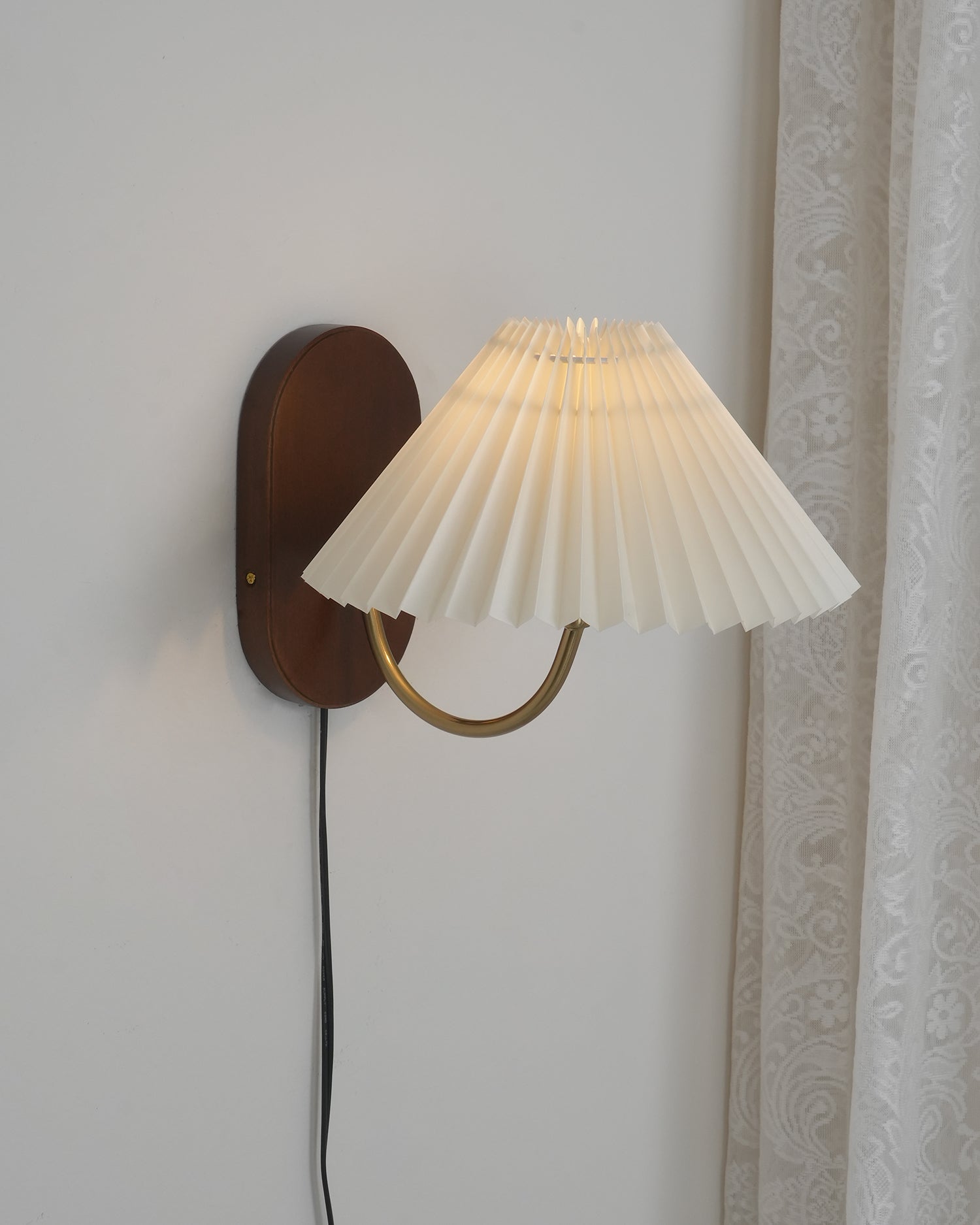 Wall Lamp Metal And Walnut 12.2 in White Fabric Shade Plug In Living Room Bedroom Lighting Accent | Thomler