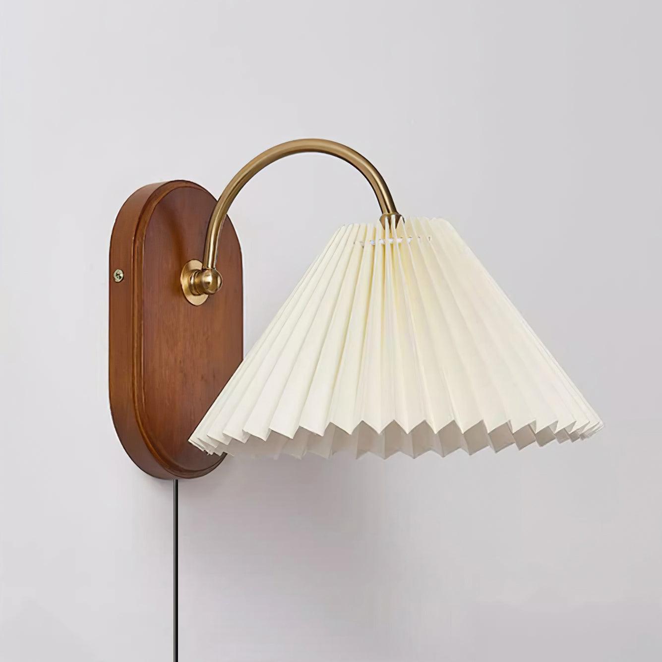 Wall Lamp Metal And Walnut 12.2 in White Fabric Shade Plug In Living Room Bedroom Lighting Accent | Thomler