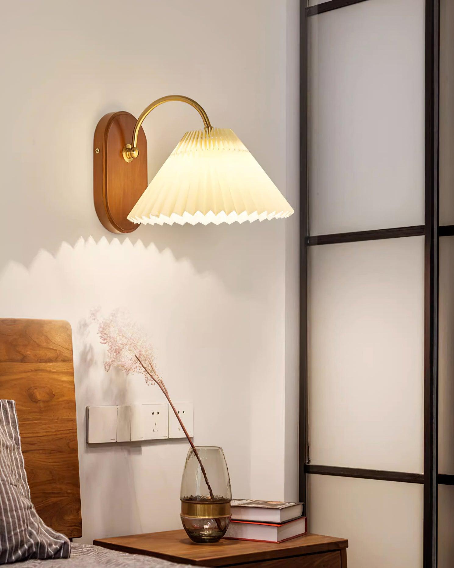 Wall Lamp Metal And Walnut 12.2 in White Fabric Shade Plug In Living Room Bedroom Lighting Accent | Thomler