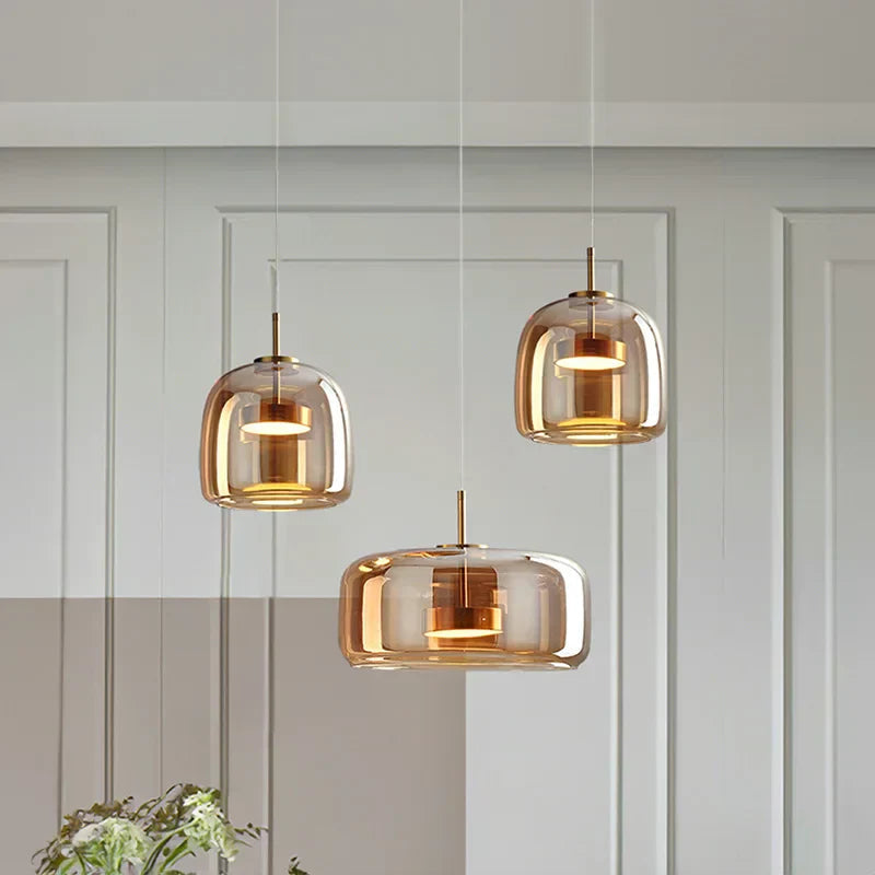Glass Drop Ceiling Pendant Light with LED – Smoky Gray & Amber Finishes for Dining Room & Living Room | Thomler
