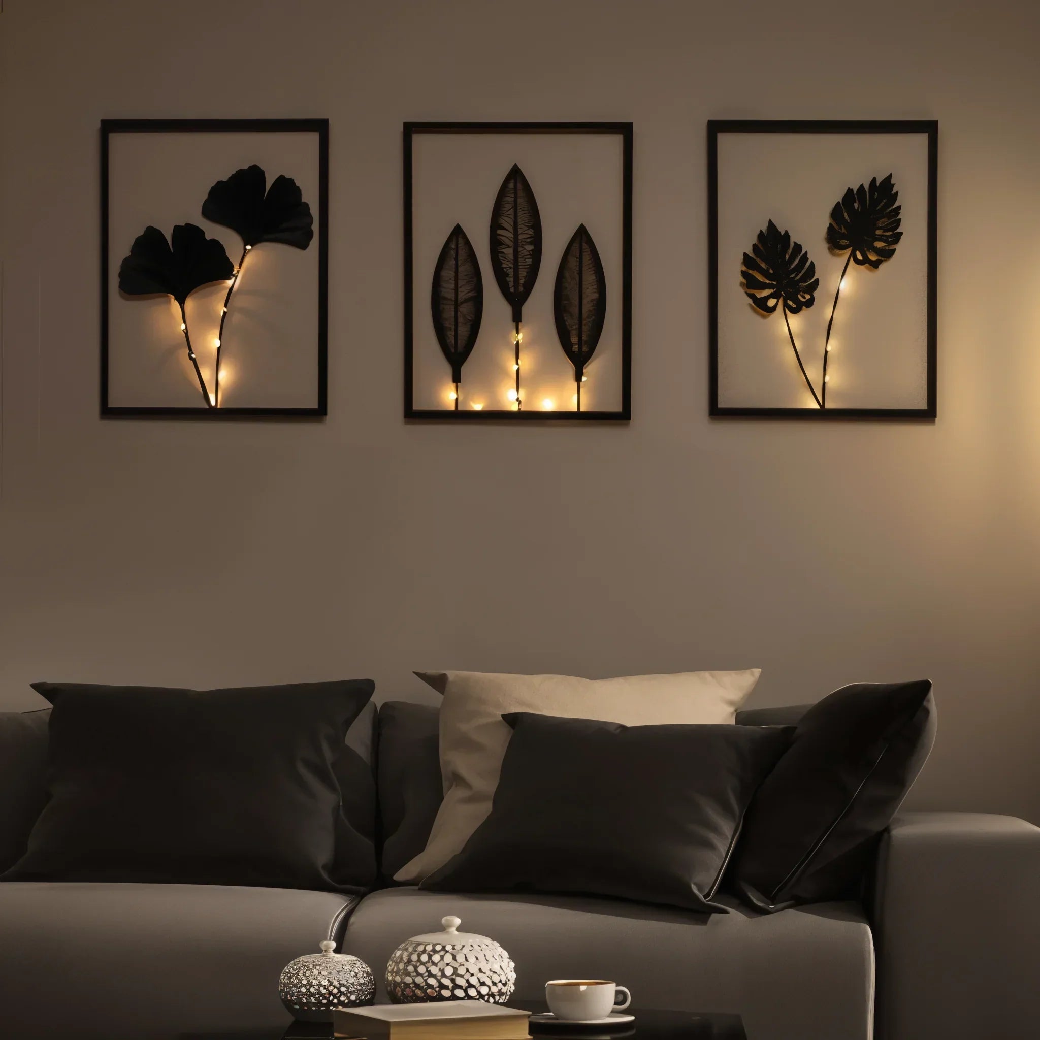 Battery-Powered LED Leaf Frame Light Set for Home Decor 3-Piece Black Metal Botanical Display for Shelves Tables Nightstand Ambiance | Thomler