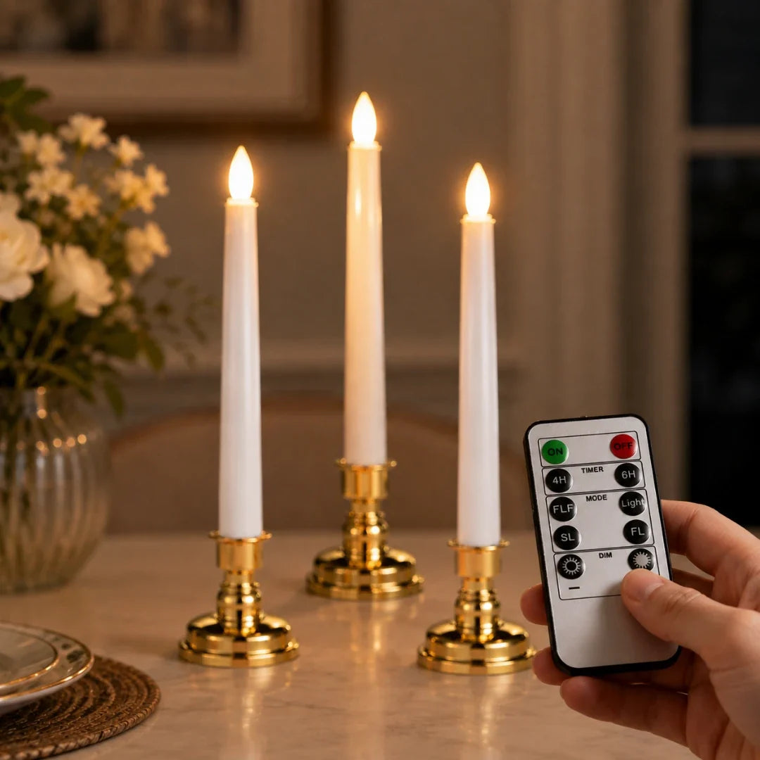 Flameless Electric Taper Candles with Remote – Realistic Flickering LED Pillar Light Set for Dining Room & Home Decor | Thomler