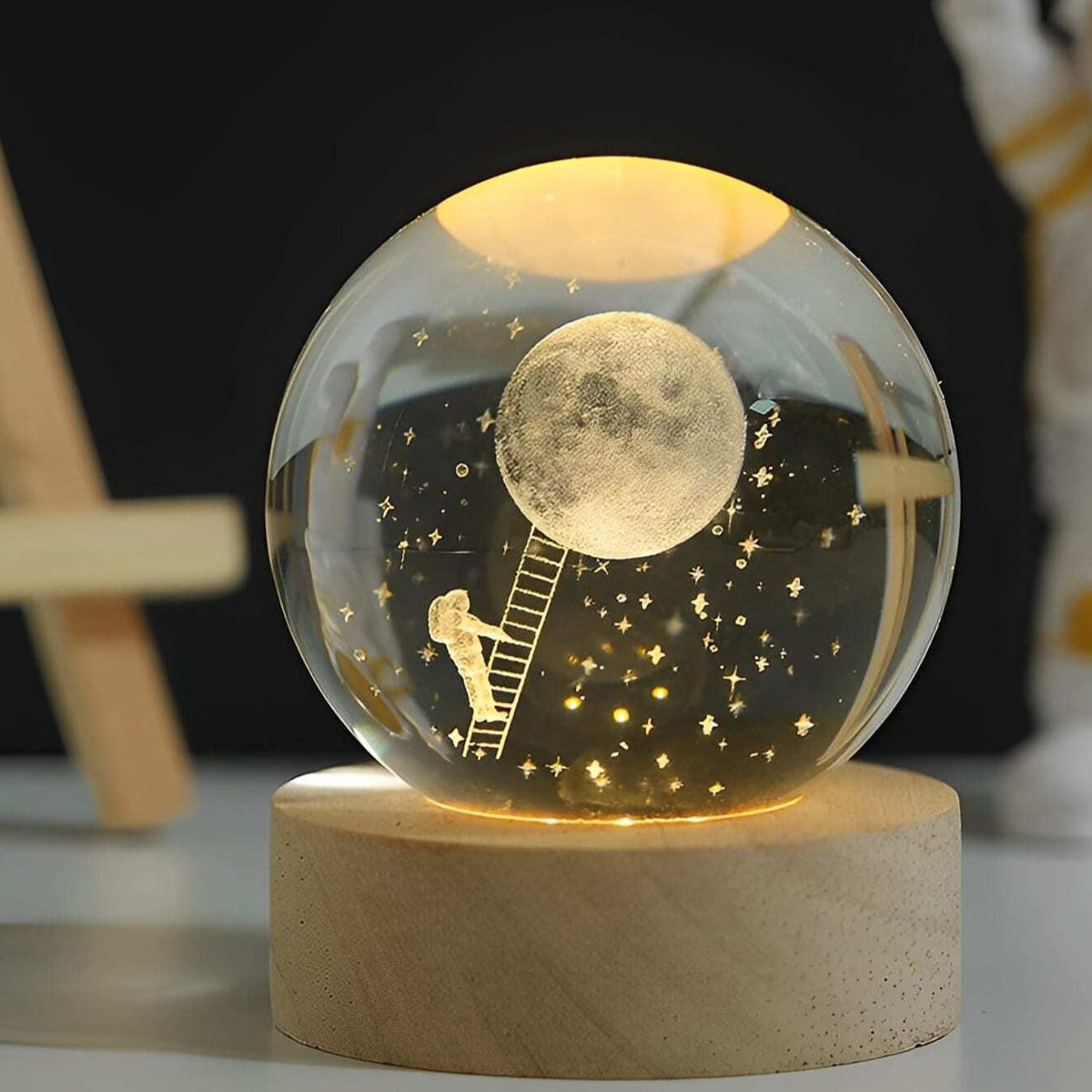 LED Glass Sphere Desk Lamp with 3D Laser-Etched Design on Wood Base | Night Light for Bedside, Living Room & Kids' Bedroom Décor | USB | Thomler