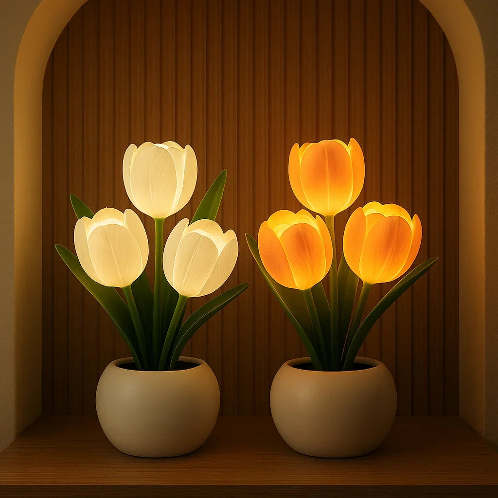 LED Tulip Flower Night Light with Vase – 5-Level Dimmable Decorative Accent Lamp for Bedroom, Living Room & Office | Thomler