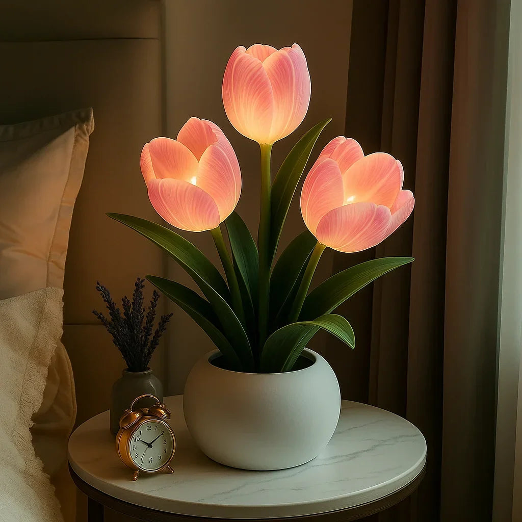 LED Tulip Flower Night Light with Vase – 5-Level Dimmable Decorative Accent Lamp for Bedroom, Living Room & Office | Thomler