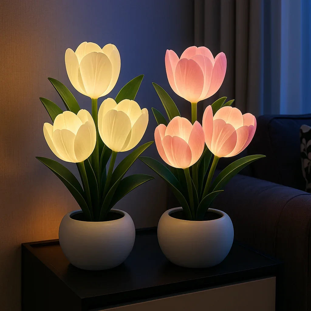 LED Tulip Flower Night Light with Vase – 5-Level Dimmable Decorative Accent Lamp for Bedroom, Living Room & Office | Thomler