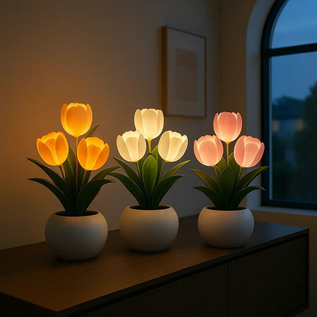 LED Tulip Flower Night Light with Vase – 5-Level Dimmable Decorative Accent Lamp for Bedroom, Living Room & Office | Thomler