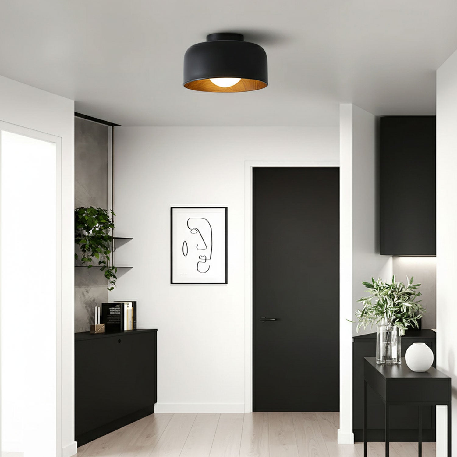 Metal and Glass Ceiling Light 8.7 in Dia Modern Indoor Hallway Bedroom Lighting Fixture Wood Grain Interior | Thomler