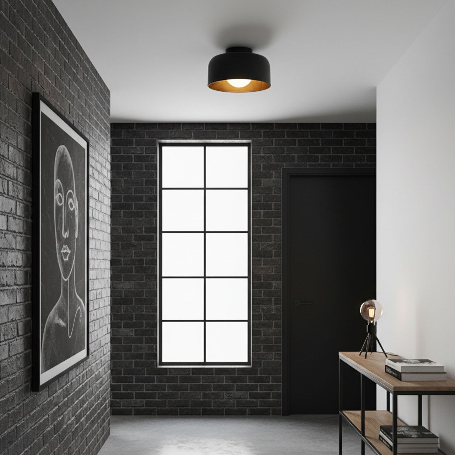 Metal and Glass Ceiling Light 8.7 in Dia Modern Indoor Hallway Bedroom Lighting Fixture Wood Grain Interior | Thomler