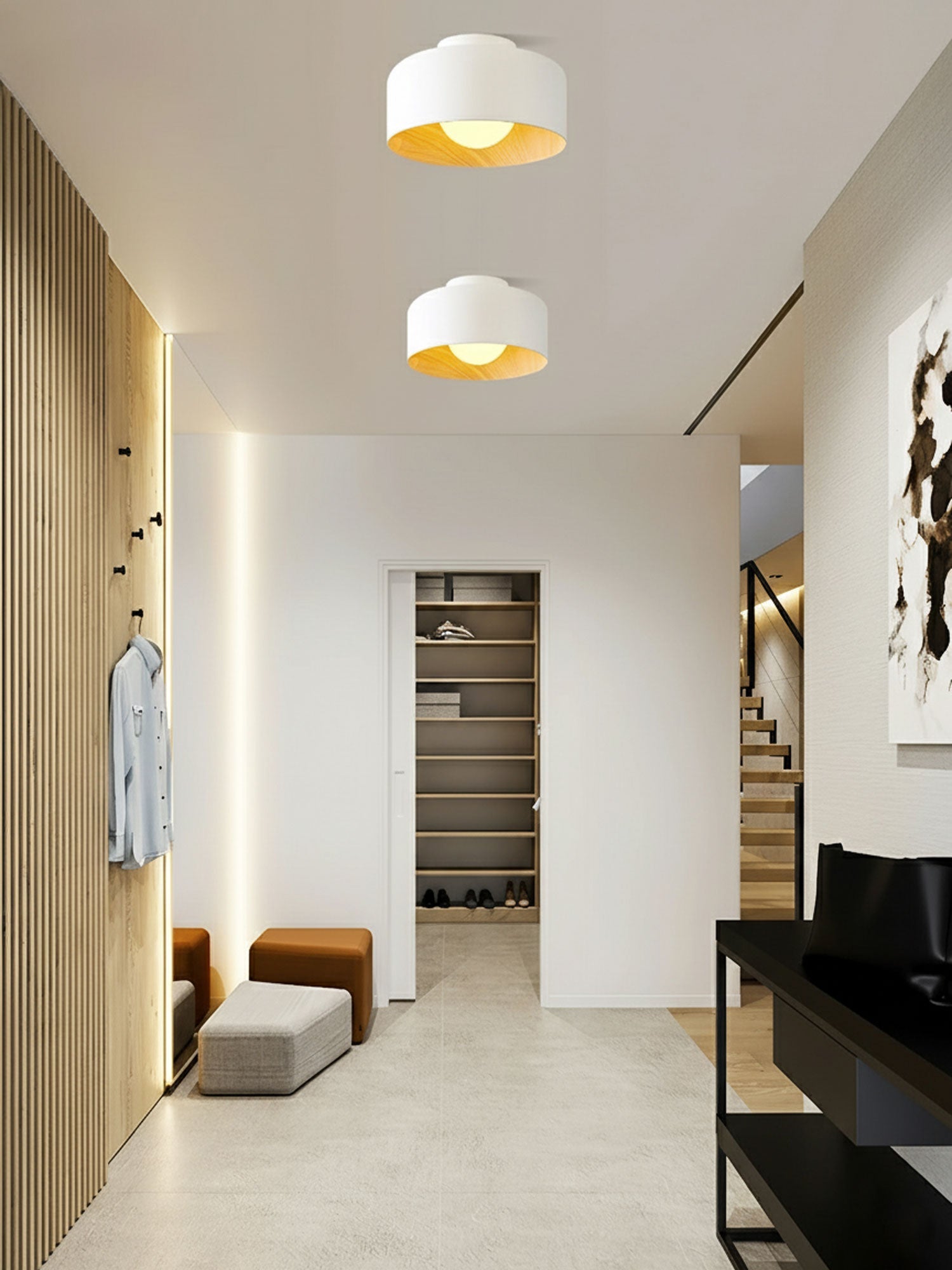 Metal and Glass Ceiling Light 8.7 in Dia Modern Indoor Hallway Bedroom Lighting Fixture Wood Grain Interior | Thomler