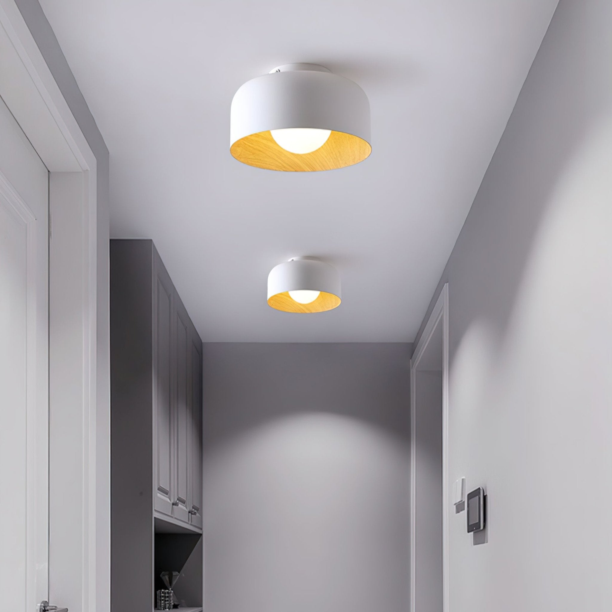 Metal and Glass Ceiling Light 8.7 in Dia Modern Indoor Hallway Bedroom Lighting Fixture Wood Grain Interior | Thomler