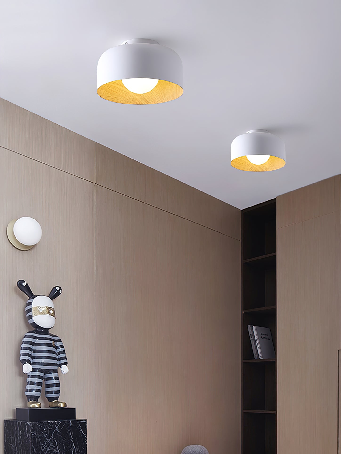Metal and Glass Ceiling Light 8.7 in Dia Modern Indoor Hallway Bedroom Lighting Fixture Wood Grain Interior | Thomler