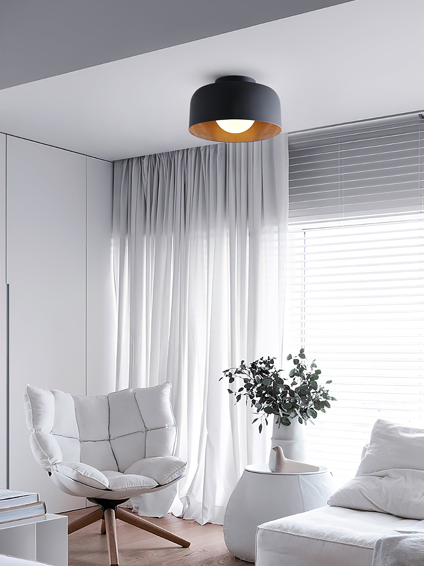 Metal and Glass Ceiling Light 8.7 in Dia Modern Indoor Hallway Bedroom Lighting Fixture Wood Grain Interior | Thomler