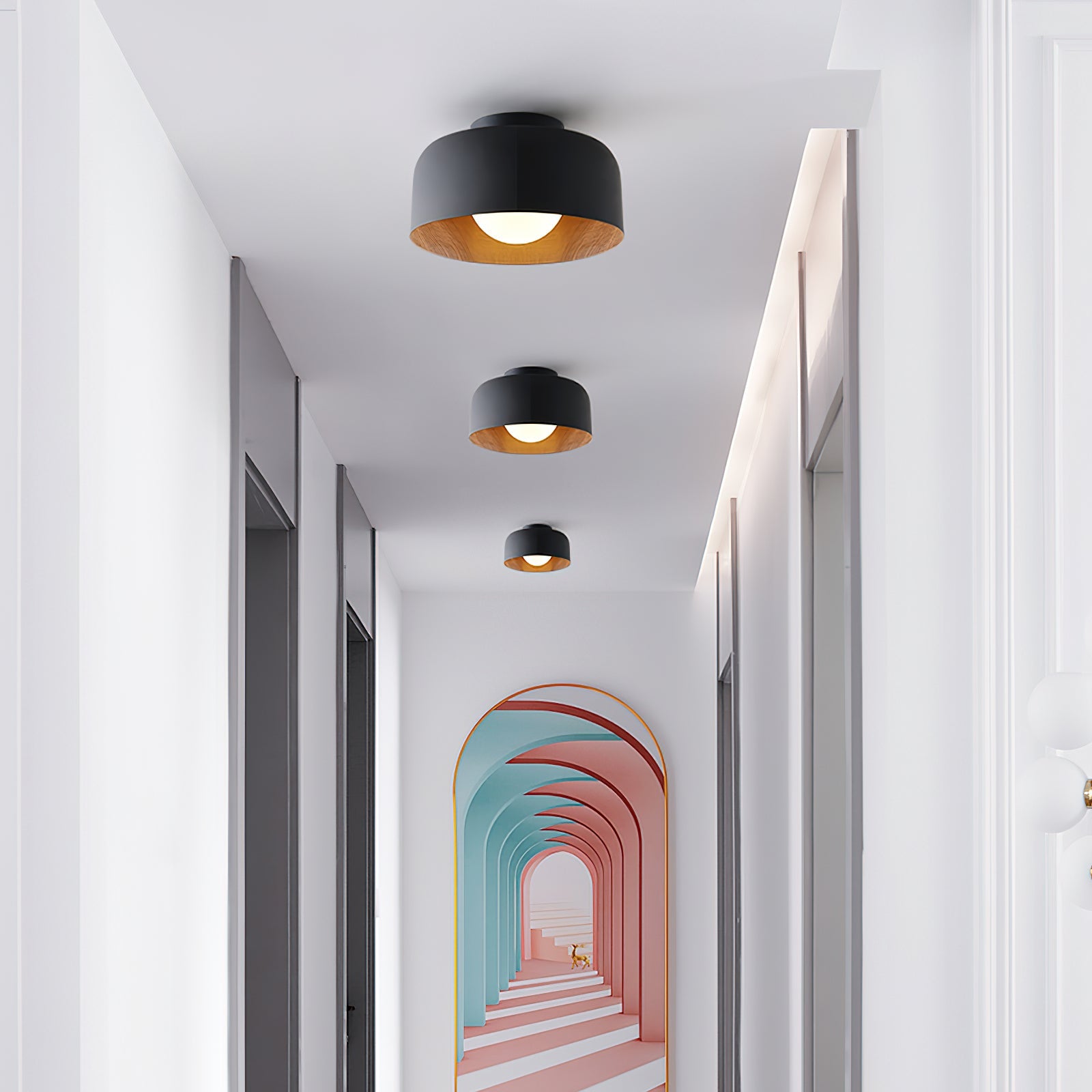 Metal and Glass Ceiling Light 8.7 in Dia Modern Indoor Hallway Bedroom Lighting Fixture Wood Grain Interior | Thomler