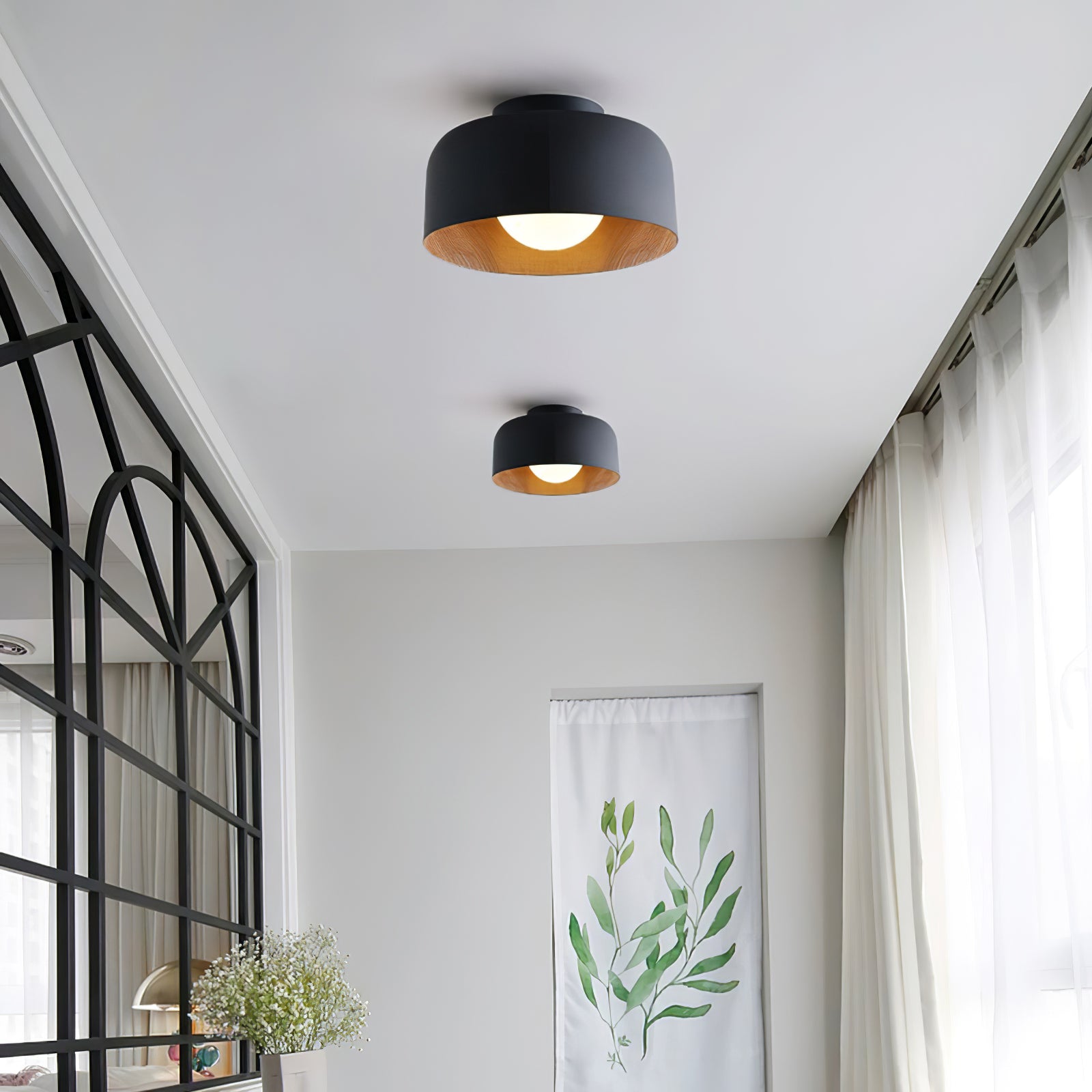Metal and Glass Ceiling Light 8.7 in Dia Modern Indoor Hallway Bedroom Lighting Fixture Wood Grain Interior | Thomler