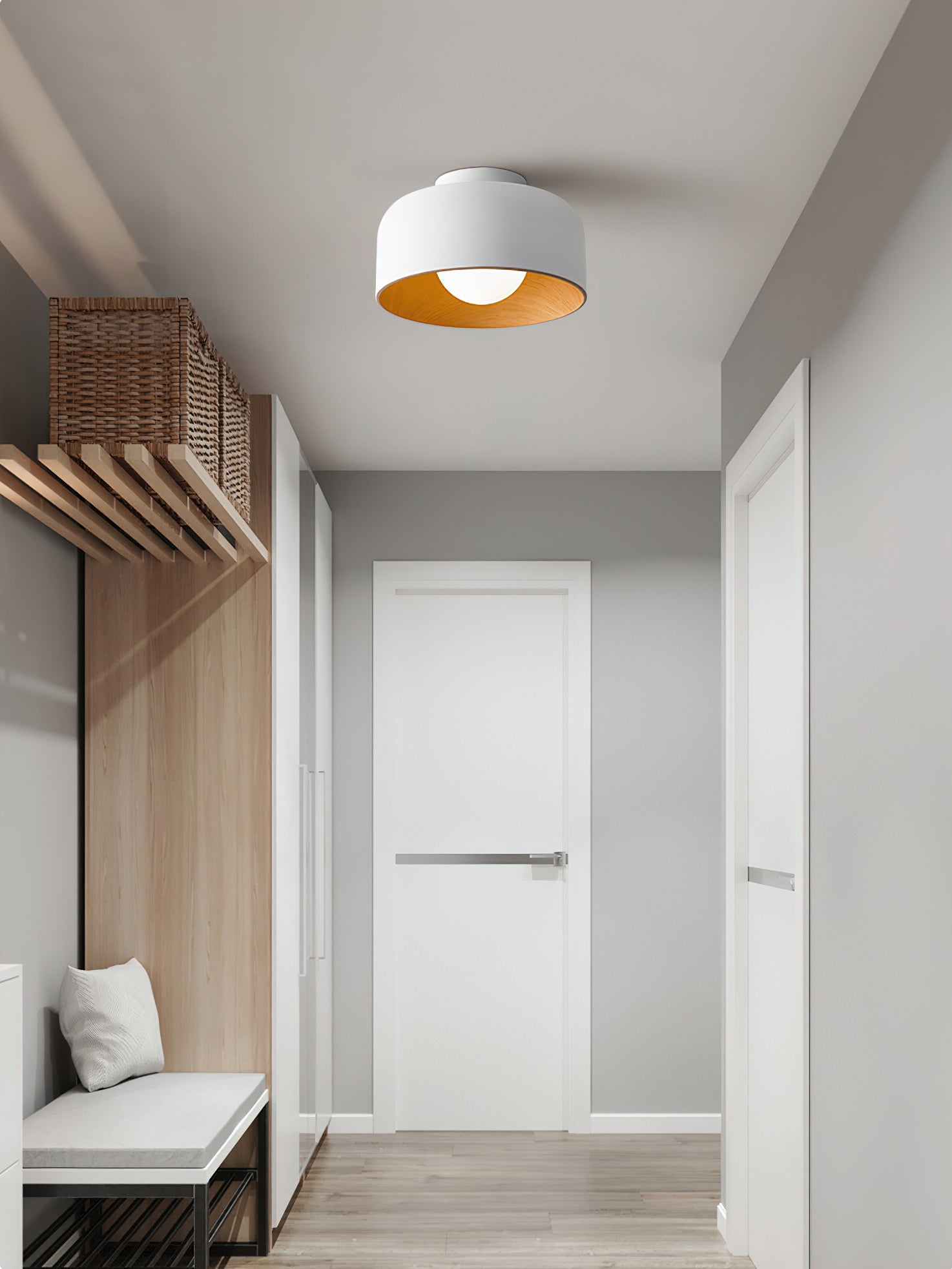 Metal and Glass Ceiling Light 8.7 in Dia Modern Indoor Hallway Bedroom Lighting Fixture Wood Grain Interior | Thomler