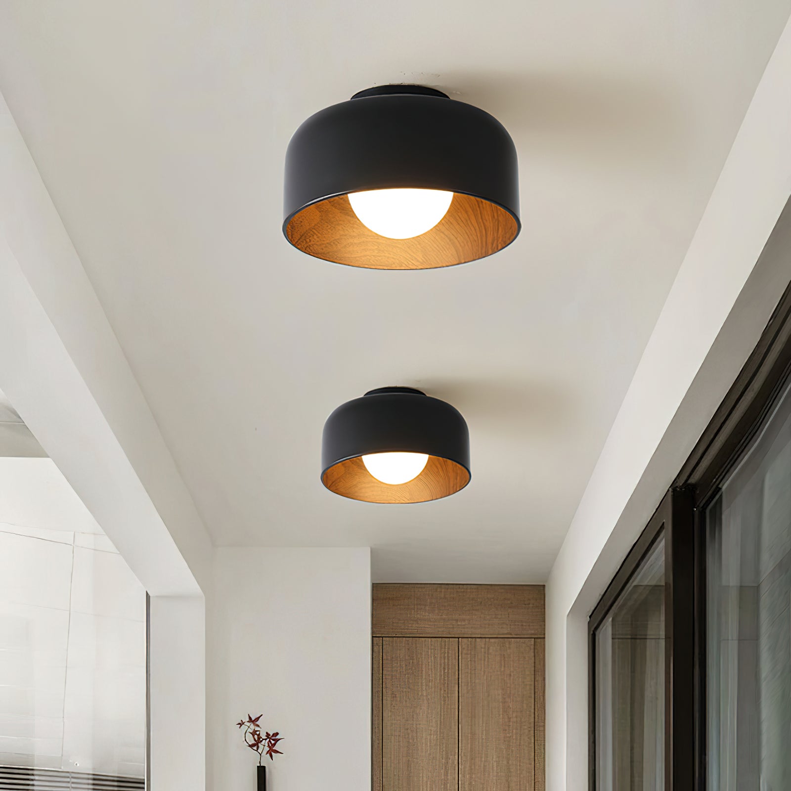 Metal and Glass Ceiling Light 8.7 in Dia Modern Indoor Hallway Bedroom Lighting Fixture Wood Grain Interior | Thomler