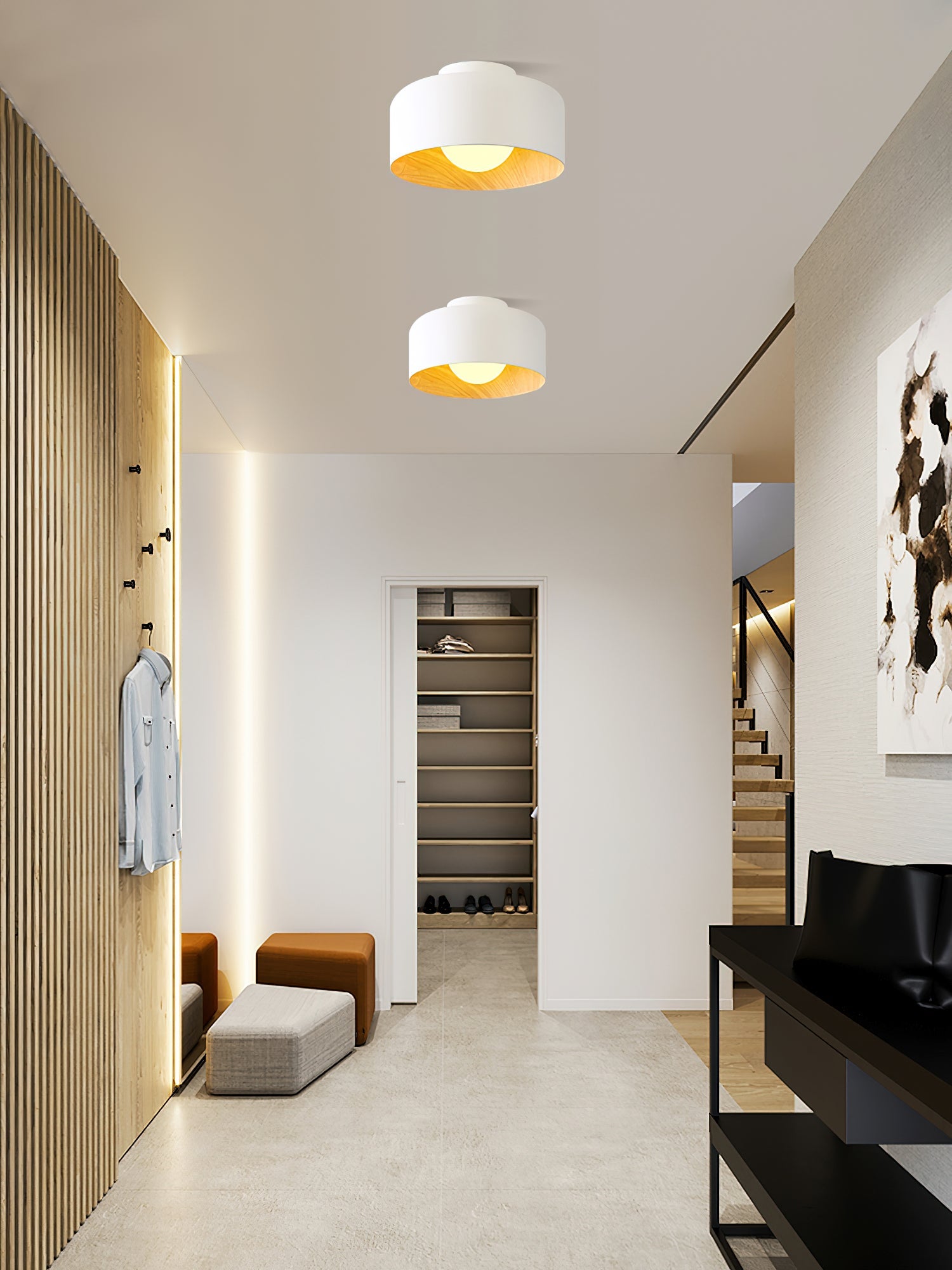 Metal and Glass Ceiling Light 8.7 in Dia Modern Indoor Hallway Bedroom Lighting Fixture Wood Grain Interior | Thomler