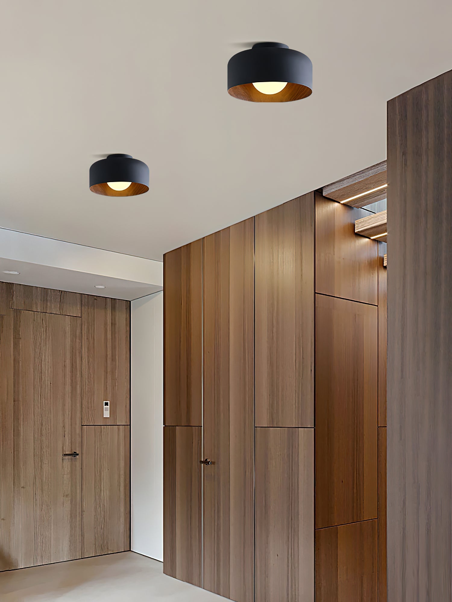 Metal and Glass Ceiling Light 8.7 in Dia Modern Indoor Hallway Bedroom Lighting Fixture Wood Grain Interior | Thomler