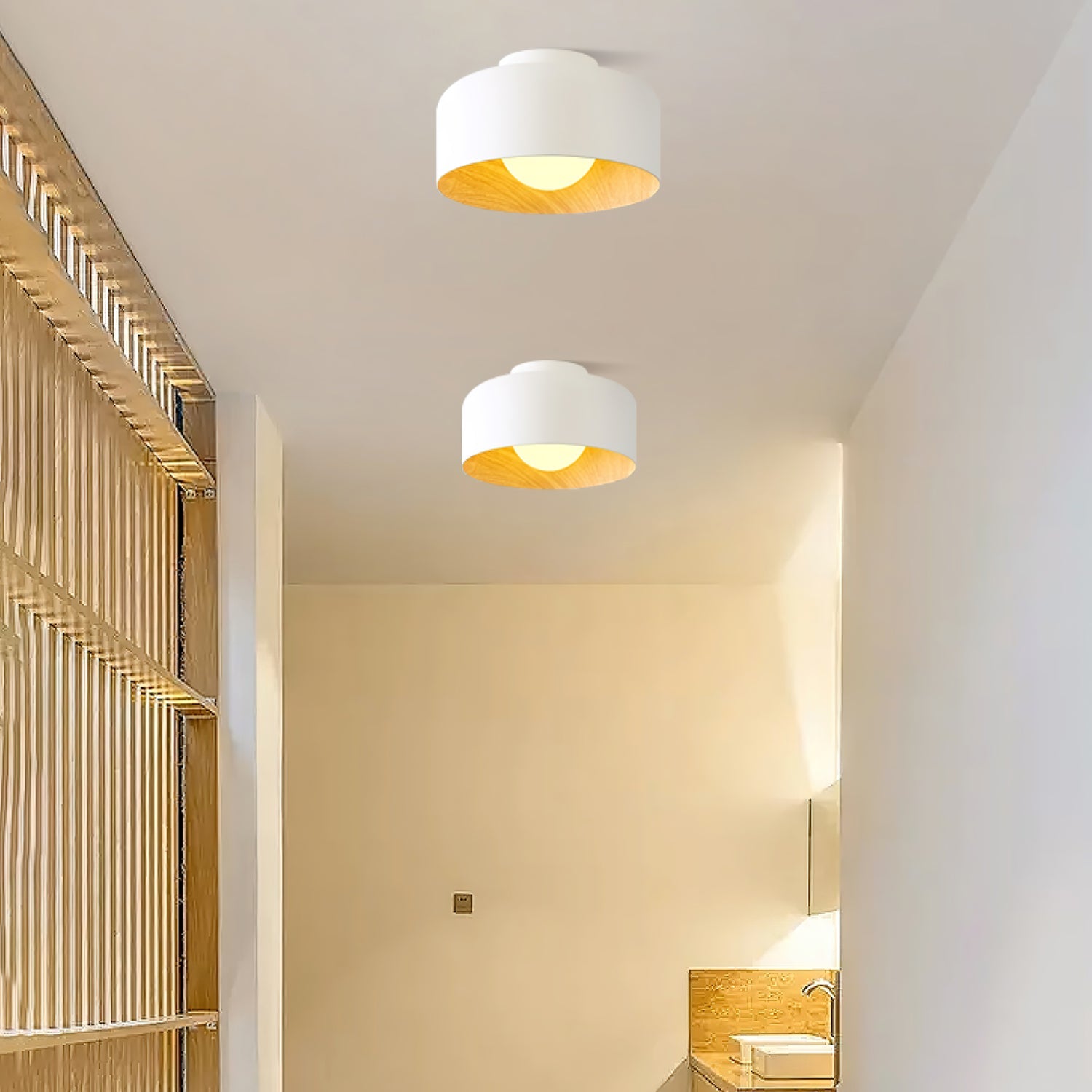 Metal and Glass Ceiling Light 8.7 in Dia Modern Indoor Hallway Bedroom Lighting Fixture Wood Grain Interior | Thomler
