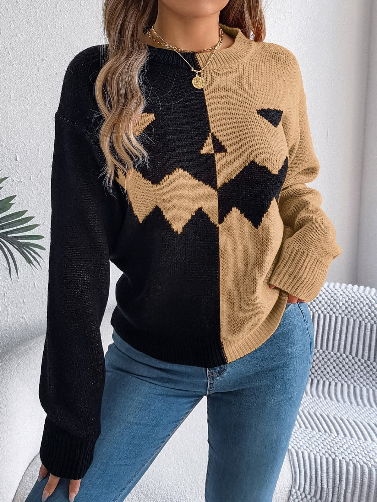 Halloween Pumpkin Knit Pullover Sweater with Ribbed Trim – Mid-Length Top for Women | Thomler