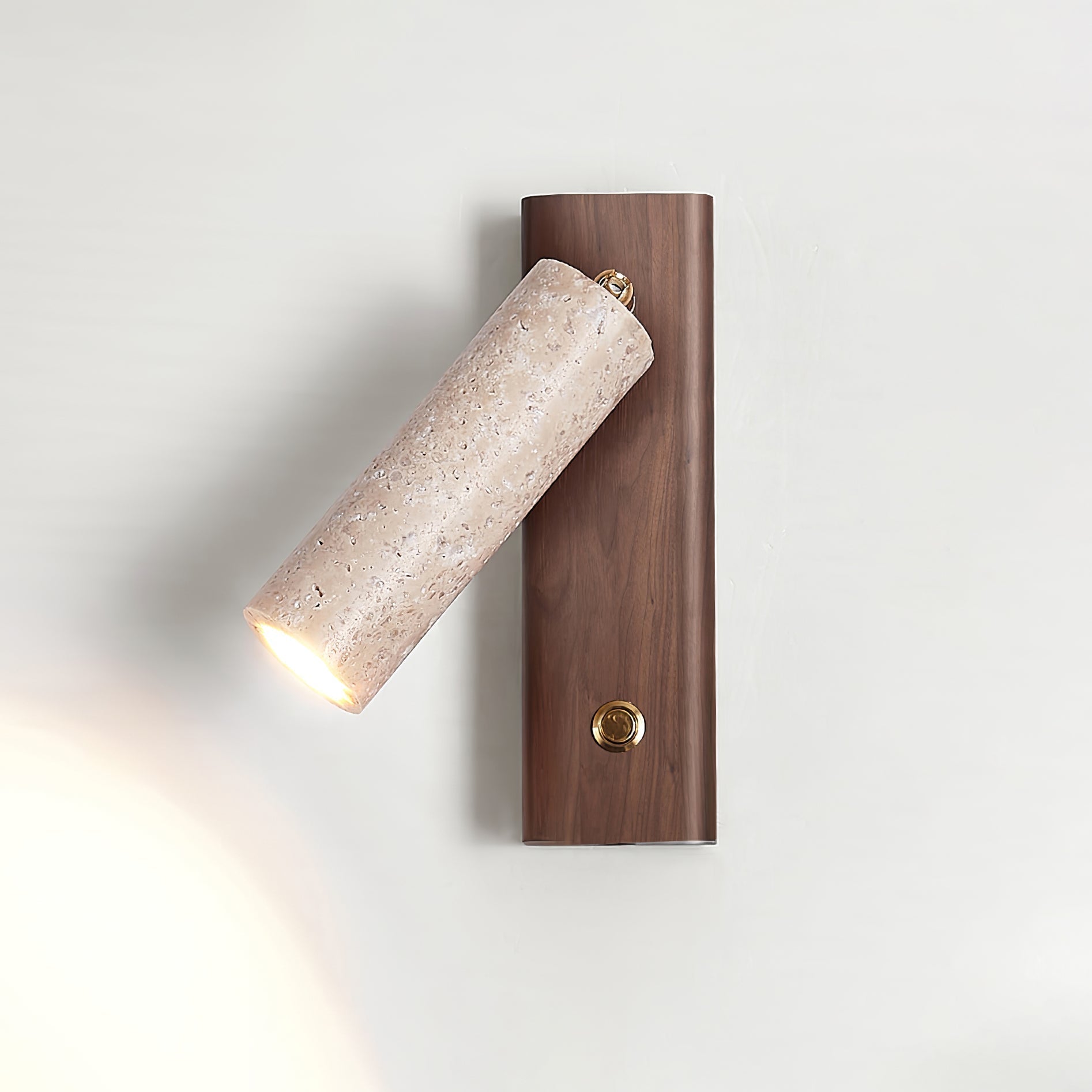 Cylindrical Travertine Wall Sconce with Integrated LED – Natural Stone & Walnut Accent Lighting for Modern Interiors | Thomler