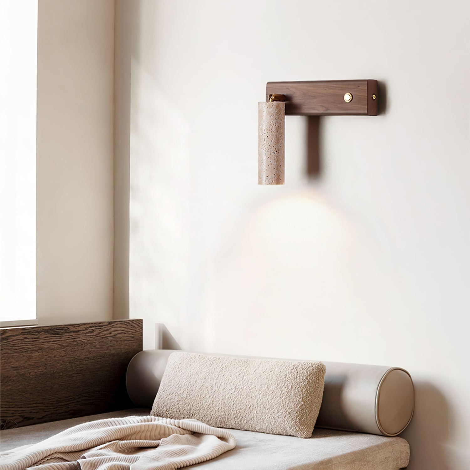 Cylindrical Travertine Wall Sconce with Integrated LED – Natural Stone & Walnut Accent Lighting for Modern Interiors | Thomler