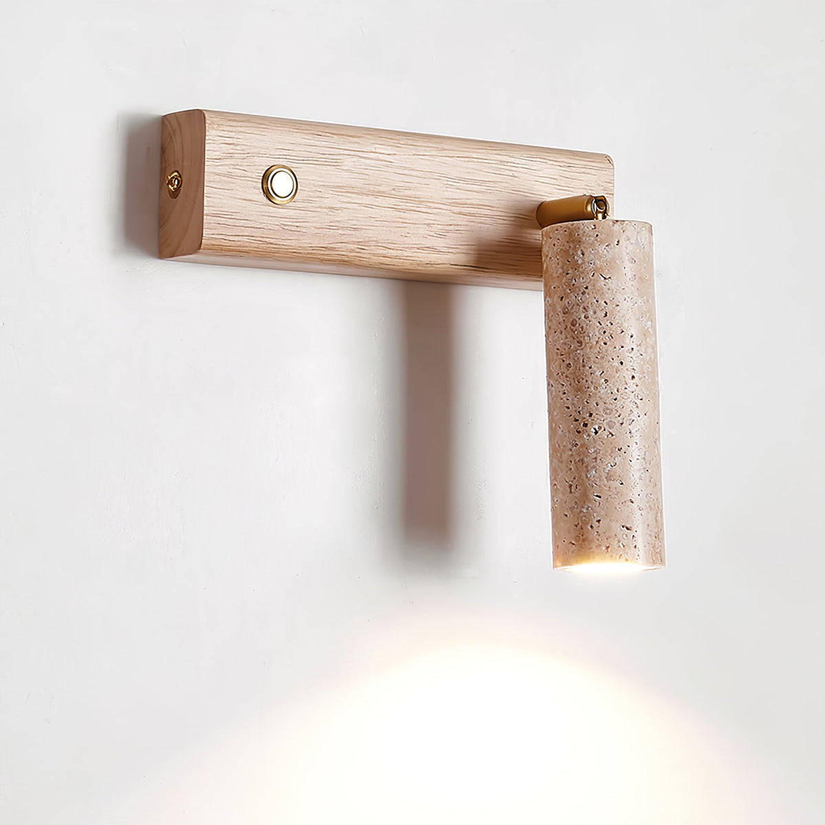 Cylindrical Travertine Wall Sconce with Integrated LED – Natural Stone & Walnut Accent Lighting for Modern Interiors | Thomler