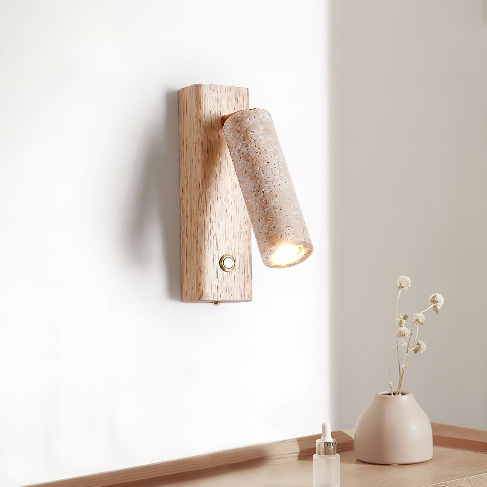 Cylindrical Travertine Wall Sconce with Integrated LED – Natural Stone & Walnut Accent Lighting for Modern Interiors | Thomler