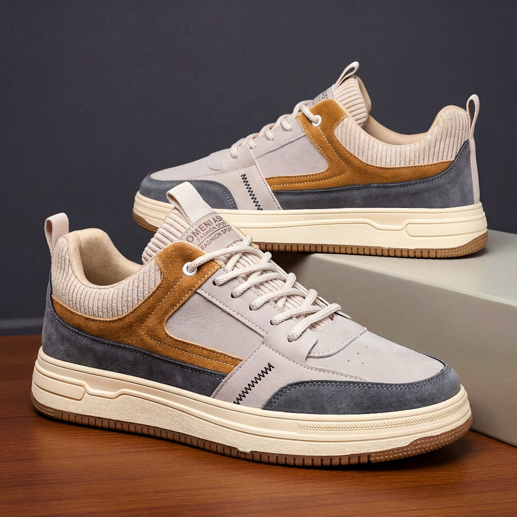 Men's Leather Low-Top Sneakers with Knit Accent Panels & Cushioned Insole | Thomler