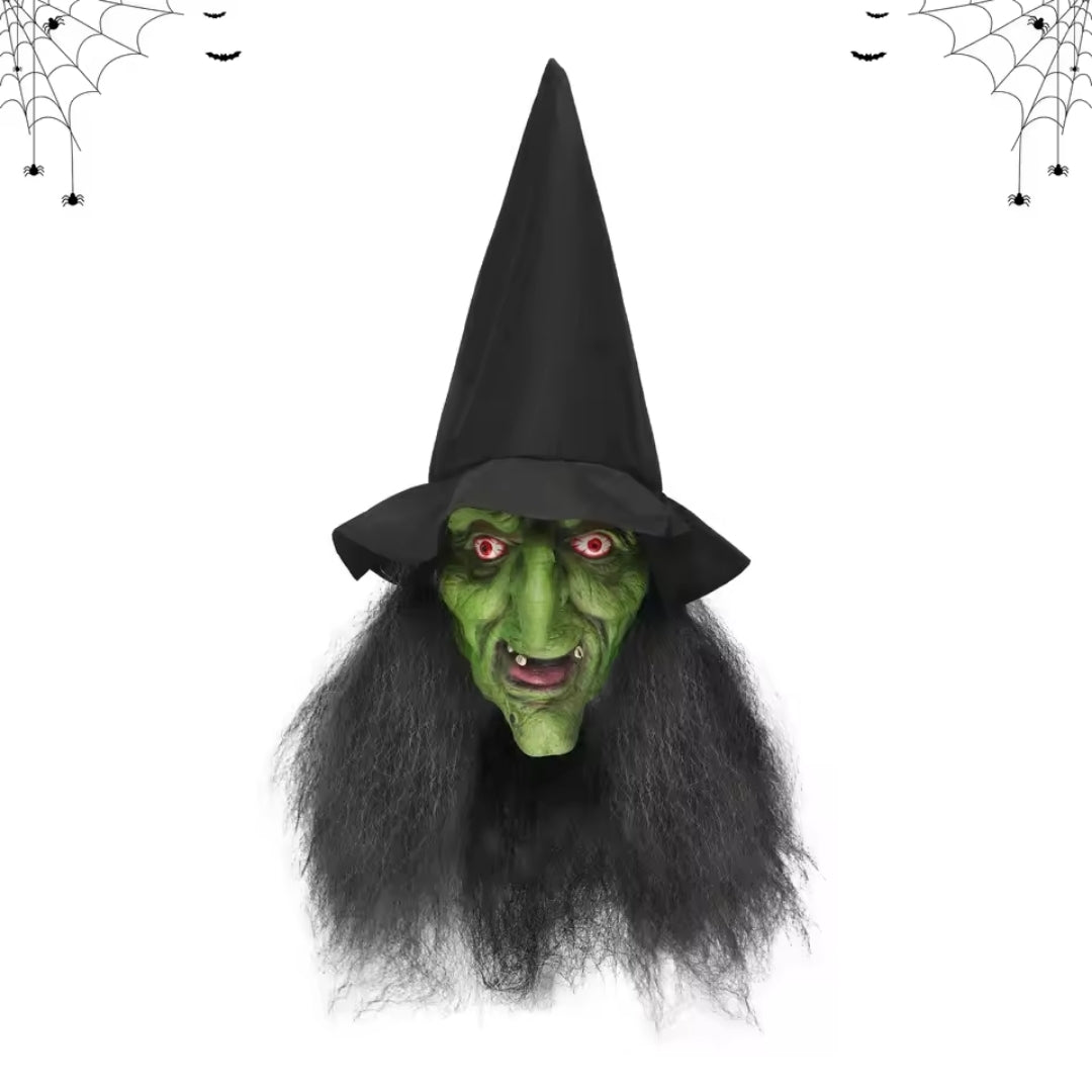Glowing Eyes Witch Halloween Mask with Hat Hair Glasses Full Costume Accessory Creepy Old Hag Character Polyester Mask Horror Party | Thomler