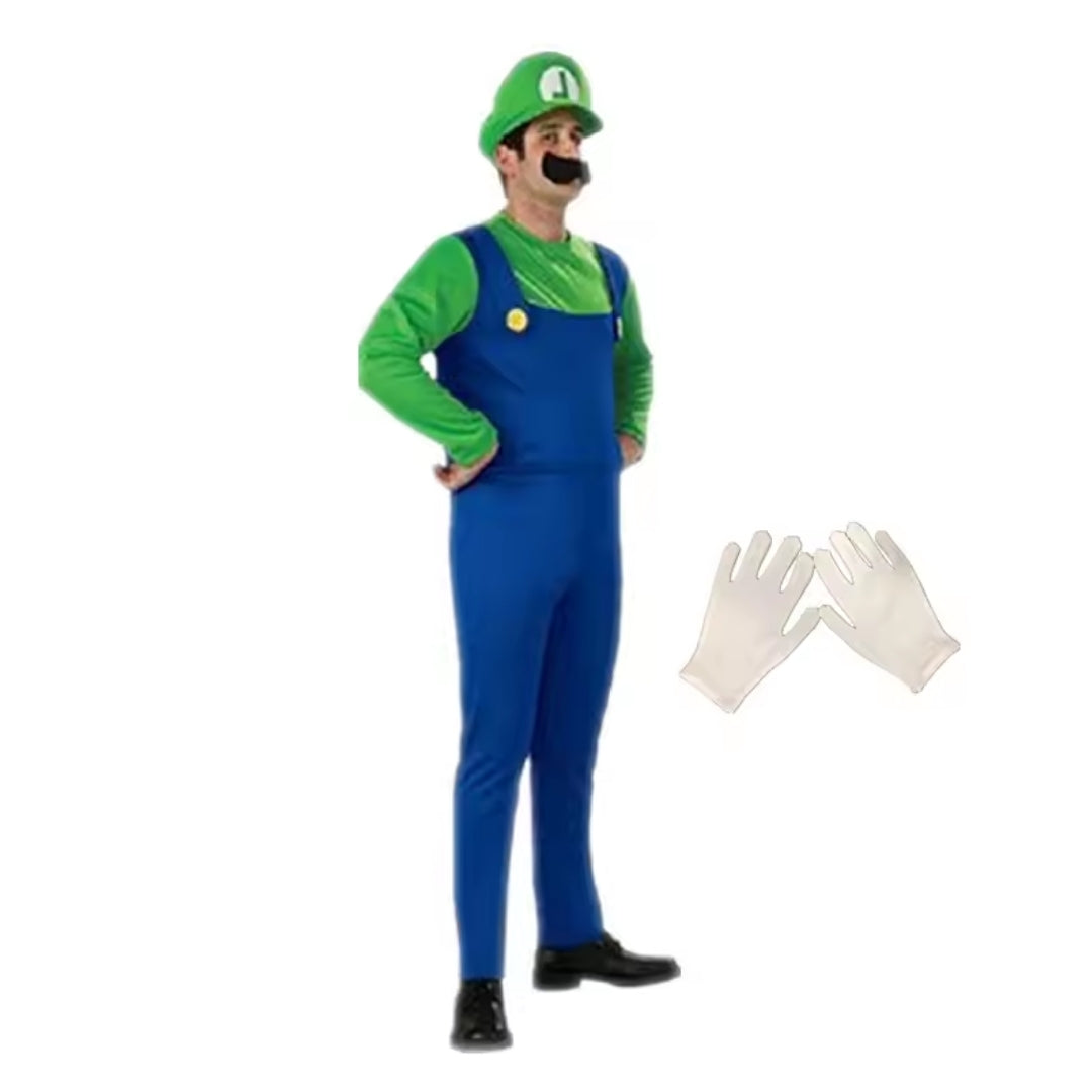 Iconic Video Game Plumber Duo Costume Set with Jumpsuit, Hat & Mustache for Adults | Thomler