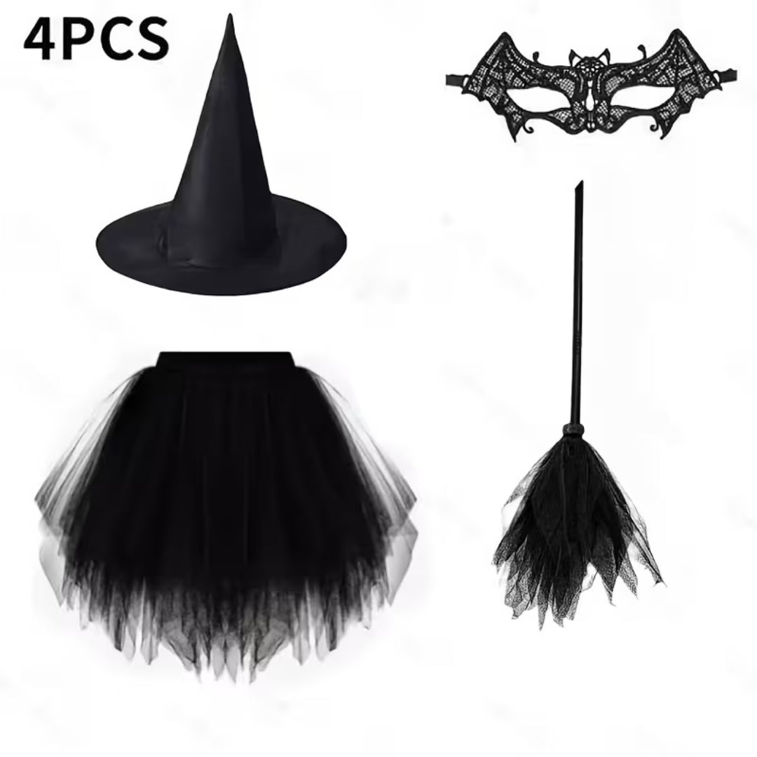 Adult Witch Costume with Hat, Lace Eye Mask & Broom – 4-Piece Halloween Outfit | Thomler