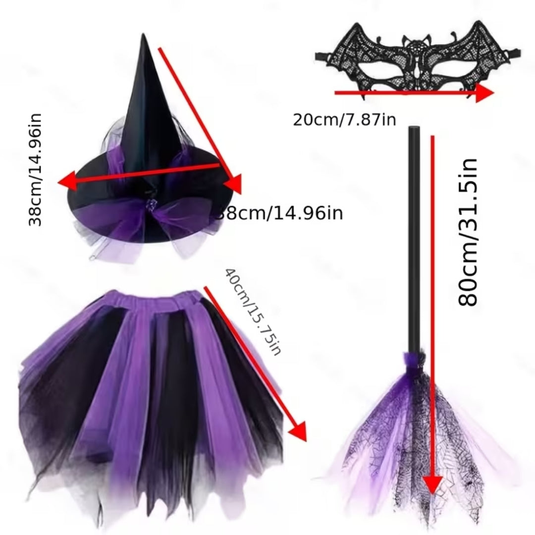 Adult Witch Costume with Hat, Lace Eye Mask & Broom – 4-Piece Halloween Outfit | Thomler