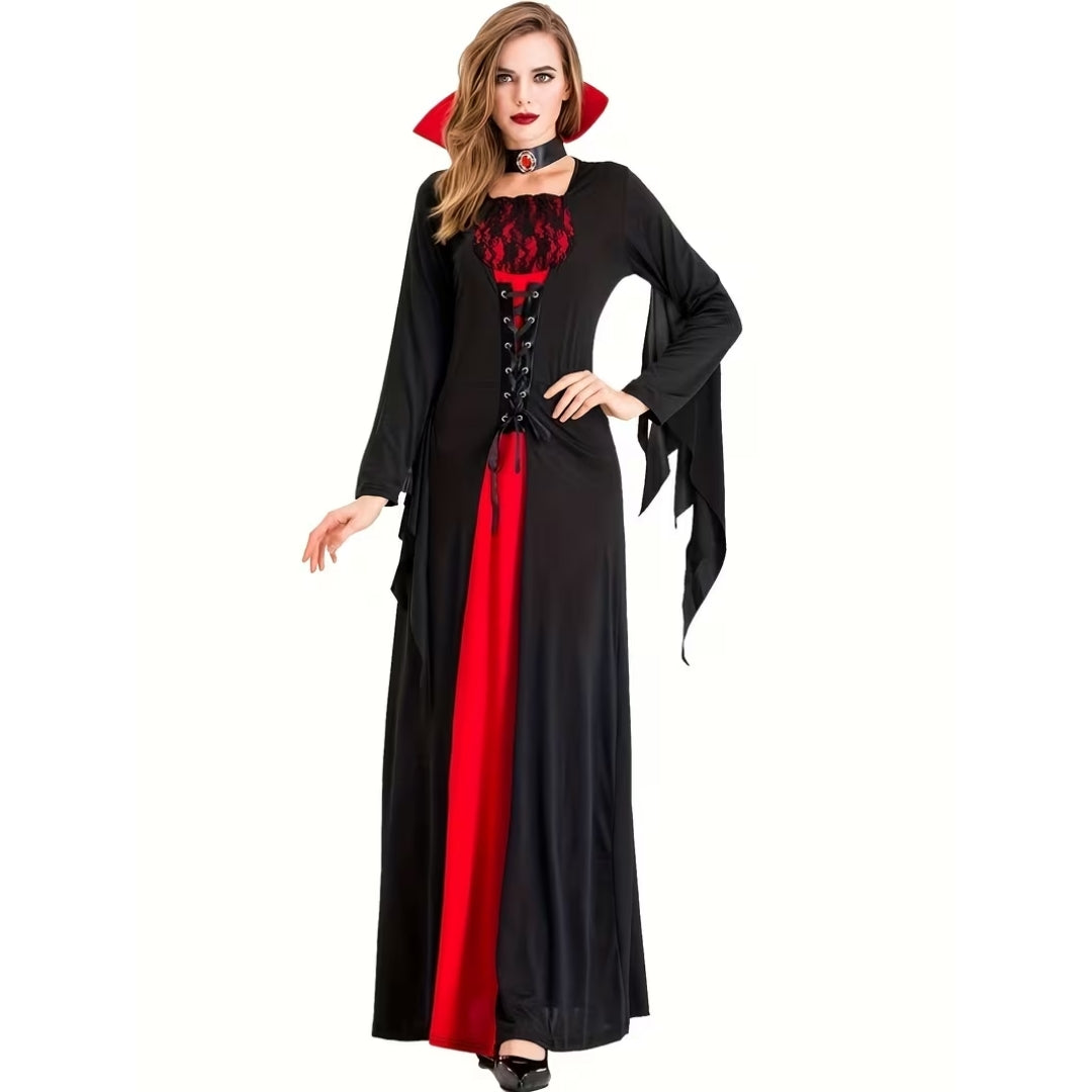 Gothic Vampire Dress with Stand-Up Collar & Lace Bodice for Halloween Costume Party Theater Cosplay Renaissance Gothic Wedding | Thomler