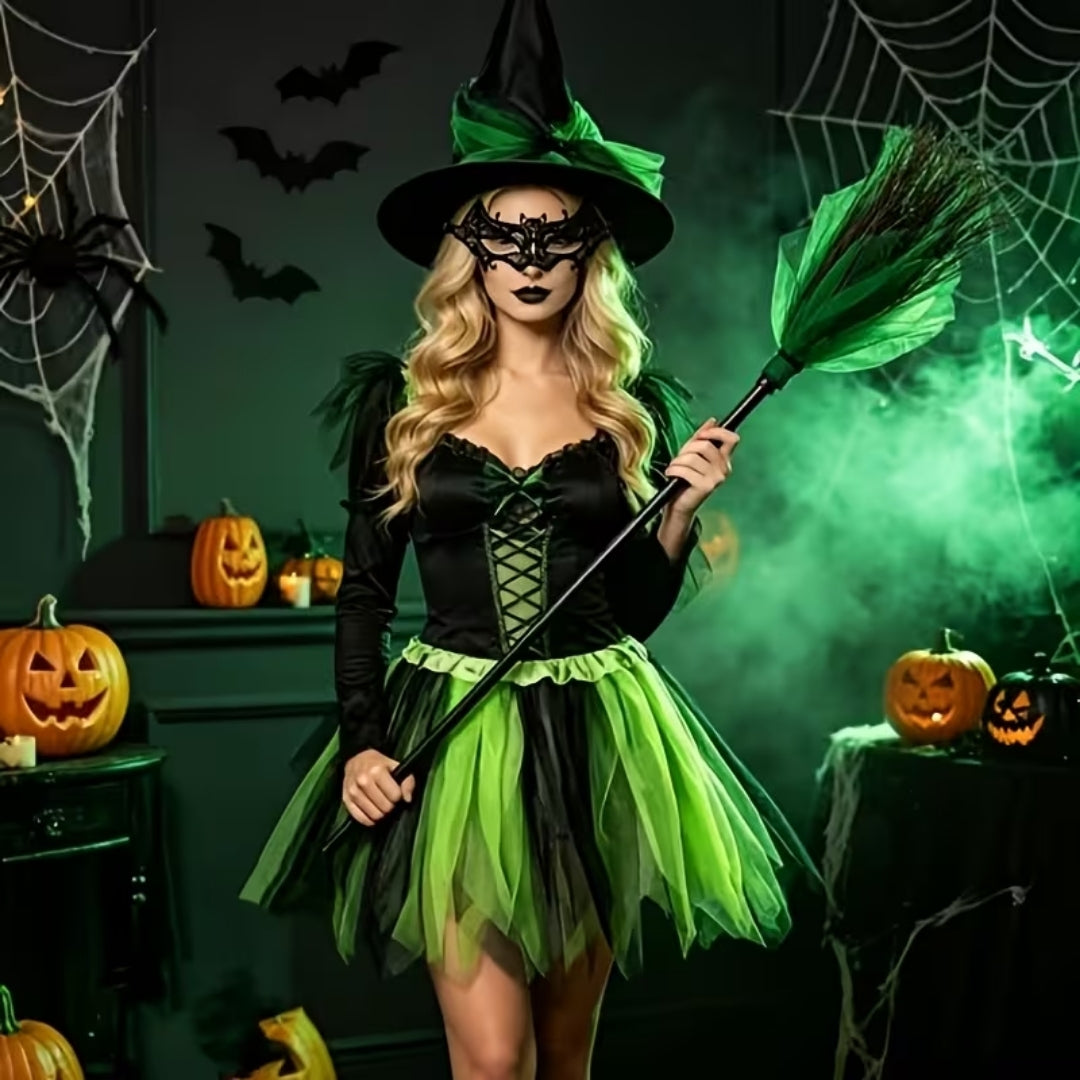 Adult Witch Costume with Hat, Lace Eye Mask & Broom – 4-Piece Halloween Outfit | Thomler