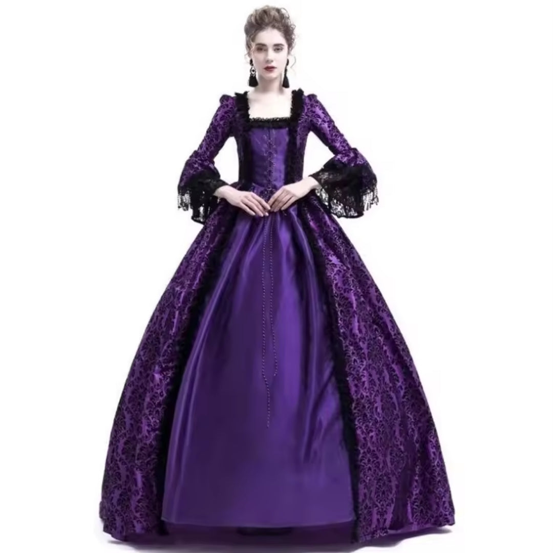Floor-Length Medieval Gown with Lace Trim – Flowing Bell Sleeves, Stretch Knit Fabric, Victorian Costume Dress for Renaissance Fairs | Thomler