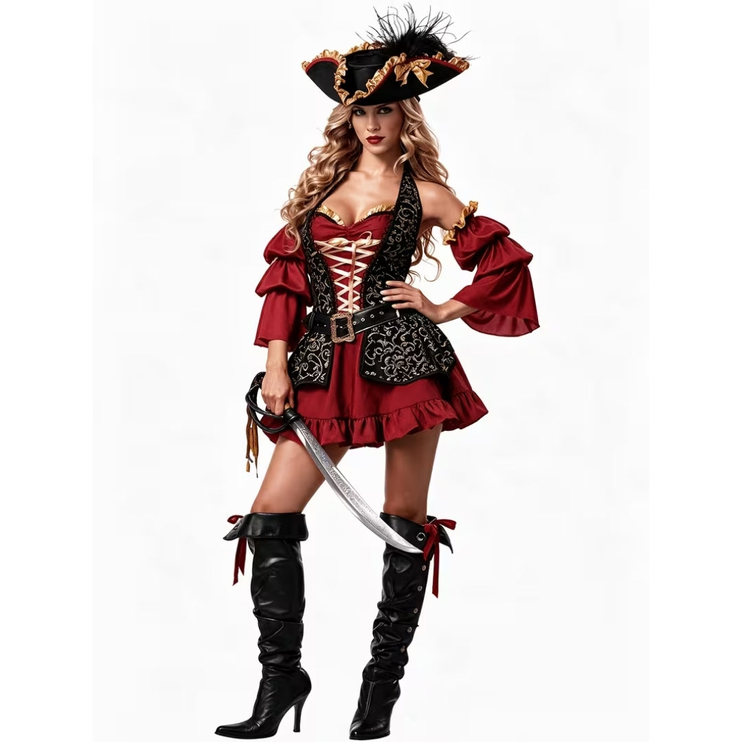 Women's Swashbuckler Captain Dress Costume – Vintage-Style Buccaneer Outfit with Lace-Up Bodice & Flared Sleeves for Halloween, Cosplay | Thomler