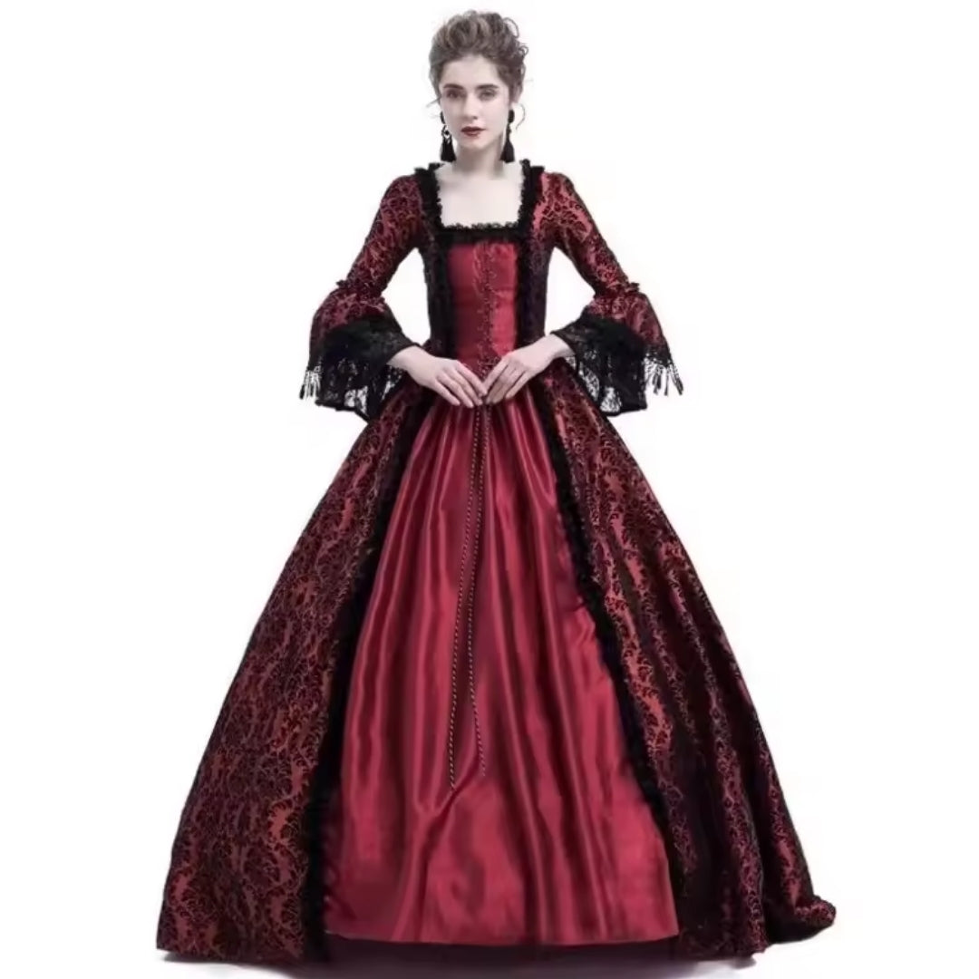 Floor-Length Medieval Gown with Lace Trim – Flowing Bell Sleeves, Stretch Knit Fabric, Victorian Costume Dress for Renaissance Fairs | Thomler